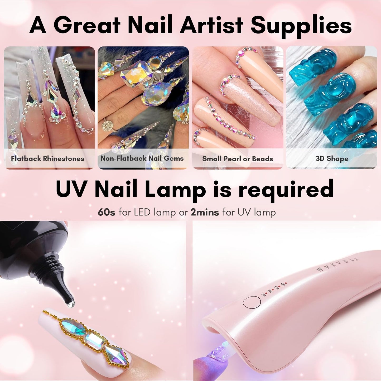Makartt Nail Rhinestone Glue for Nails- 60ML Super Strong Gel Glue for Rhinestones, 3D Art Charm Decorations Bling Gem Bow Jewels Crystals Beads Diamonds Pearls, Beauty Gift, UV Lamp Need