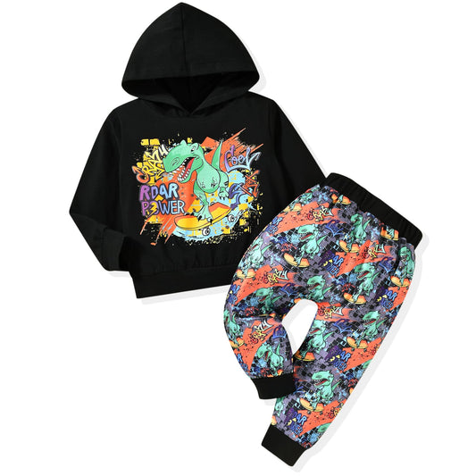 HINTINA 2T Toddler Little Boy Dinosaur Sweatsuit Outfits Long Sleeve Two Piece Dino Hoodie Hooded Sweatshirt Tracksuit Fall Winter Clothes Clothing Set 2-3T