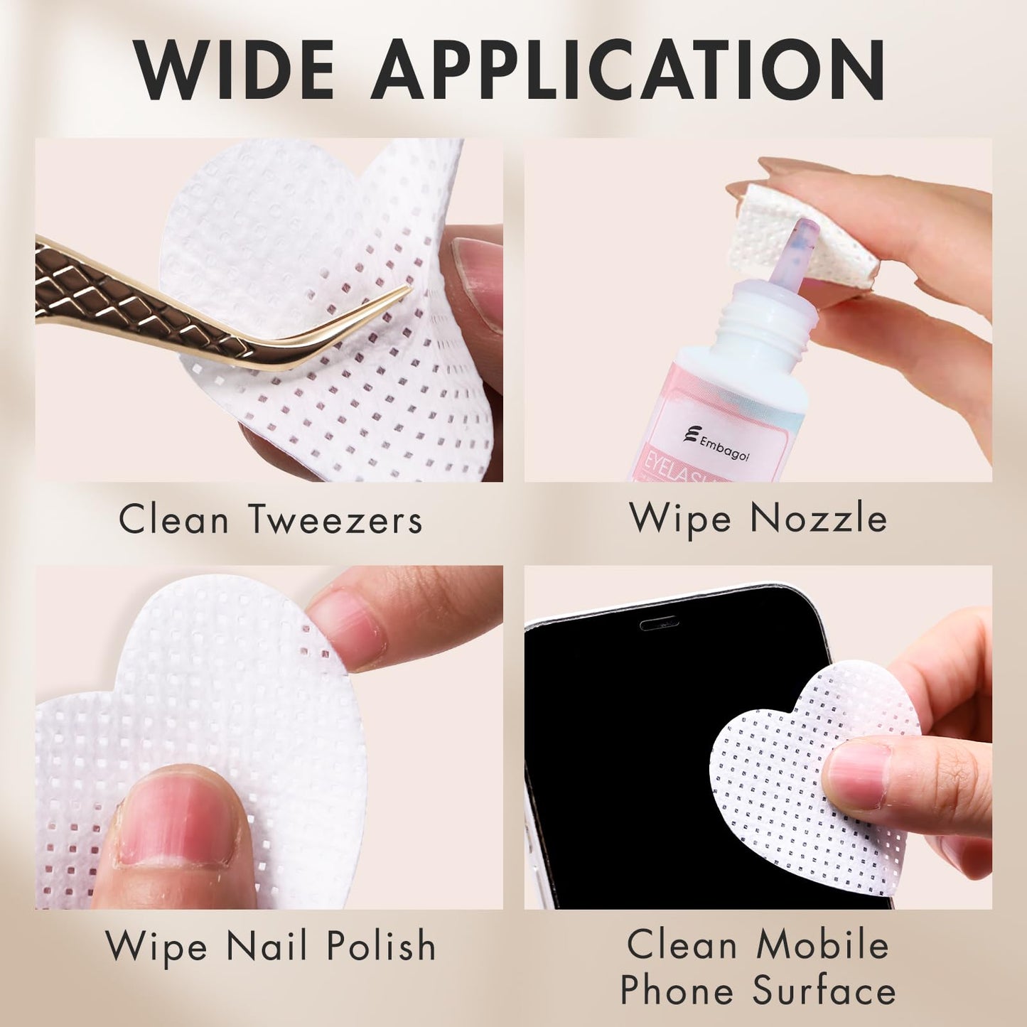 600 PCS Embagol Eyelash Extension Glue Wipes Lint Free Nail Wipes Non-Woven Fabric Lash Glue Wipes Nail Polish Remover Wipes for Lash Extension Supplies (White)