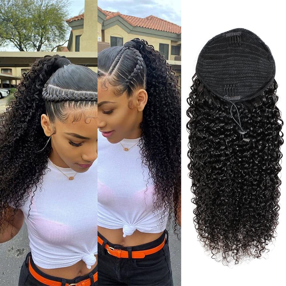Adette 12 Inches Curly Ponytails Human Hair Drawstring Ponytail Extension Kinky Curly Clip in Pony Tail Hair Extensions Hair Pieces for Black Women Natural Black