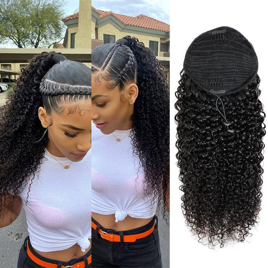 Adette 12 Inches Curly Ponytails Human Hair Drawstring Ponytail Extension Kinky Curly Clip in Pony Tail Hair Extensions Hair Pieces for Black Women Natural Black