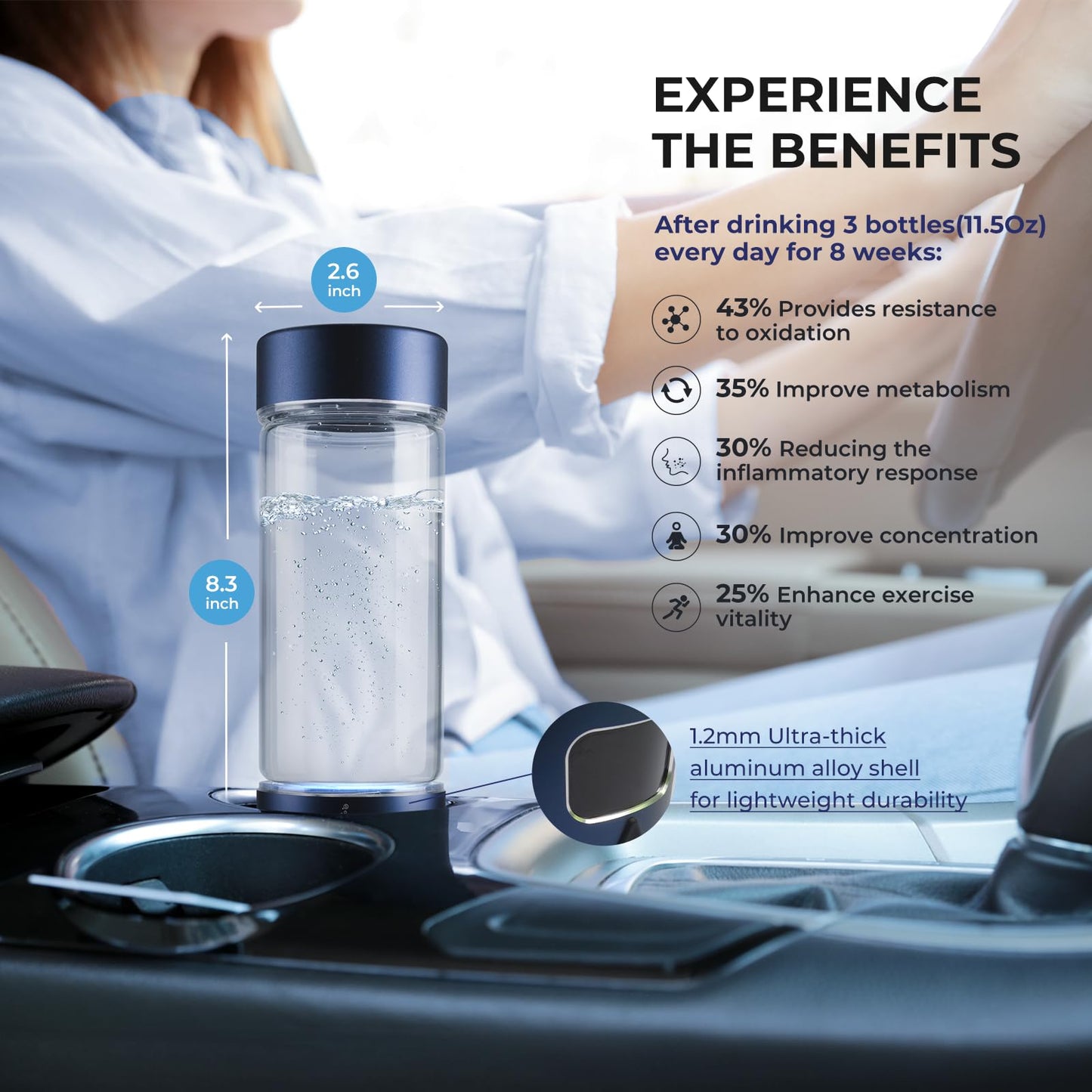 Hydrogen Water Bottle, Portable Glass Hydrogen Water Bottle Generator-SPE/PEM Technology-Athletic Performance & Hydration System, 11.5 oz Capacity,Ideal for Outdoor Home and Office Use(Blue)