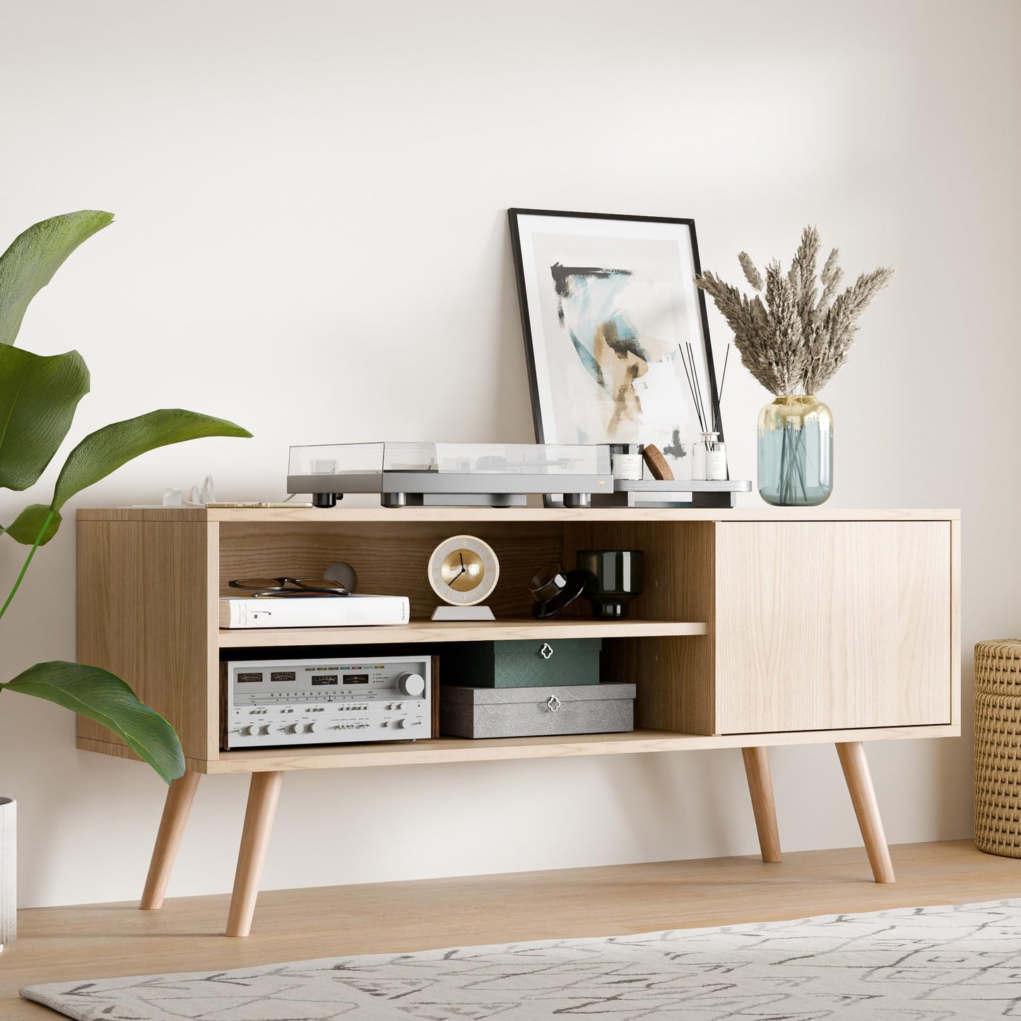 Cozy Castle TV Stand for 48 Inch TV, Mid Century Modern Entertainment Center with Storage Cabinet, TV Media Console with Charging Station for Living Room, Bedroom, Oak