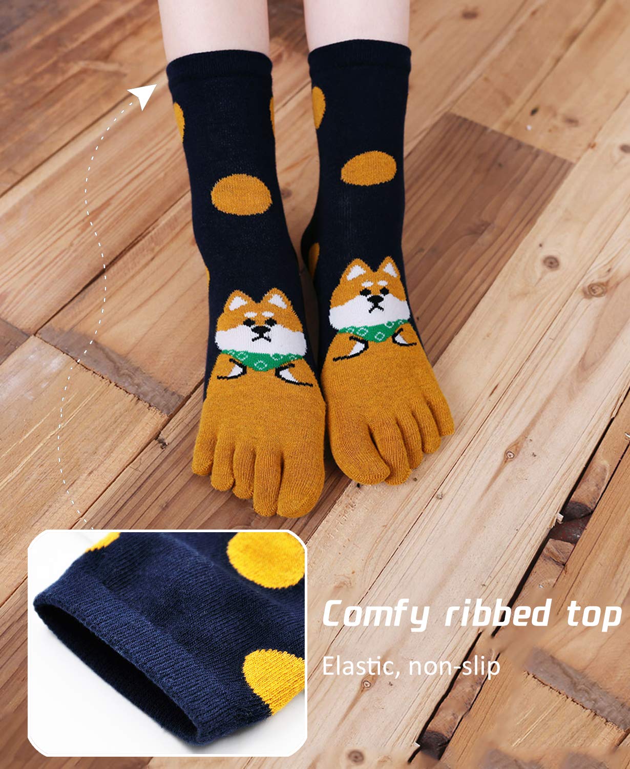 Hellomamma Women's Toe Sock Cute Cat Dog Ankle Sock Cotton Athletic Running Five Finger Socks for Girls Multicolor 5-12