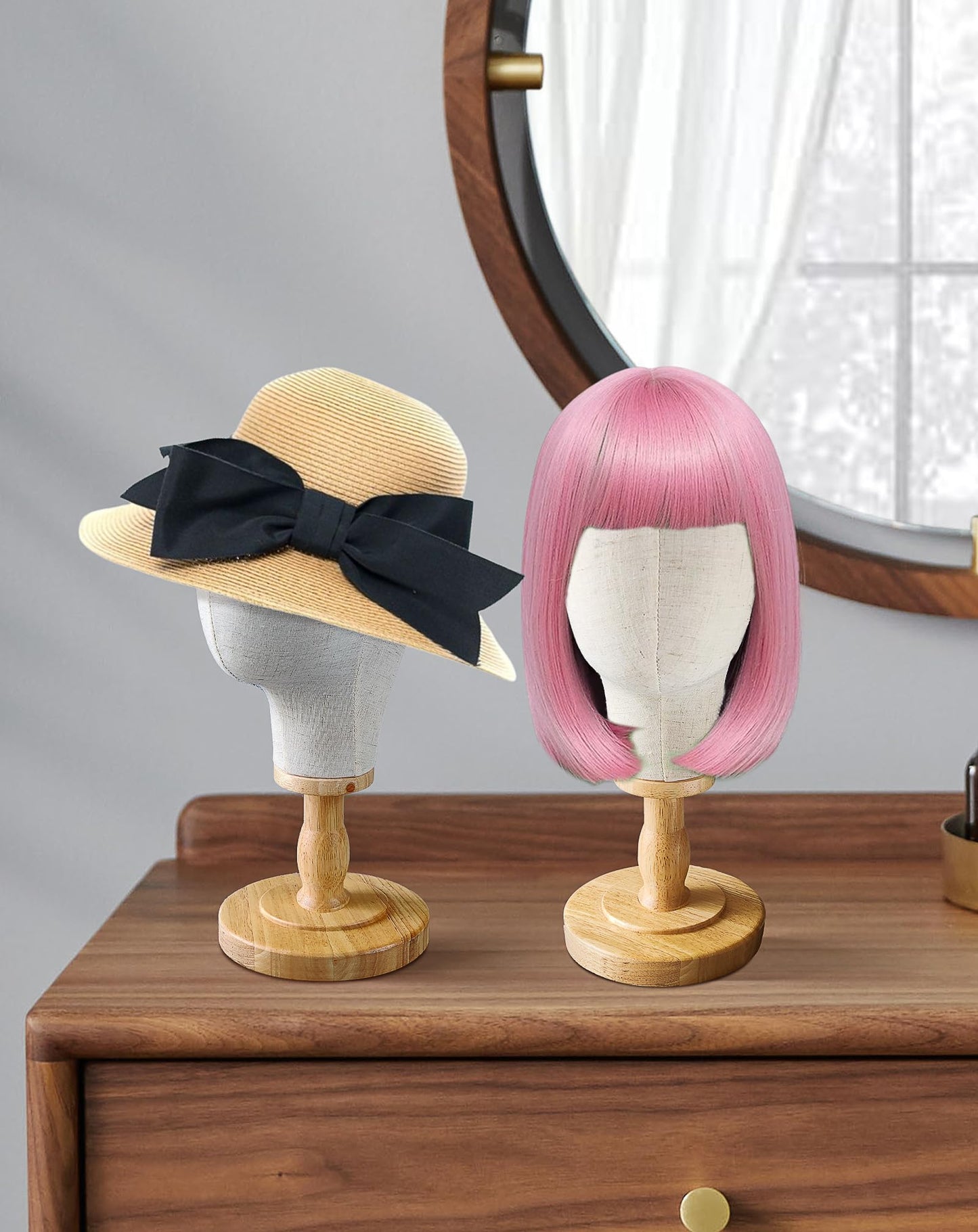 CHADWICK Wig Head Stand Mannequin Head Hat Display Stand Linen Wig Holder, Hat Rack Fabric Head, Canvas Dome + Detachable Wood Stand, Wig Display Model Head Wig Stand for Wigs, Hats, Caps, Headdress