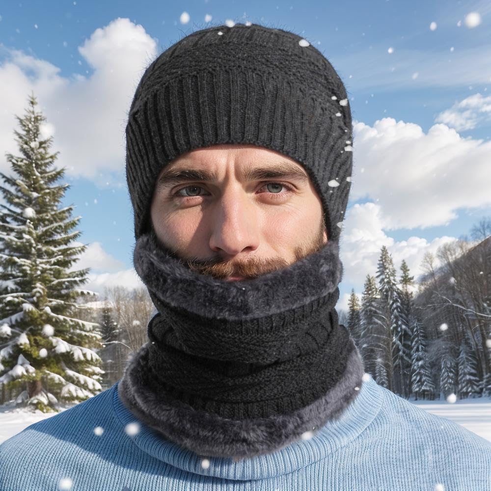 Ski Winter Beanie Hat Scarf Gloves Set for Men Women, Winter Knit Hat, Neck Warmer, Touchscreen Gloves,Ear Warmer Earmuff for Men Women