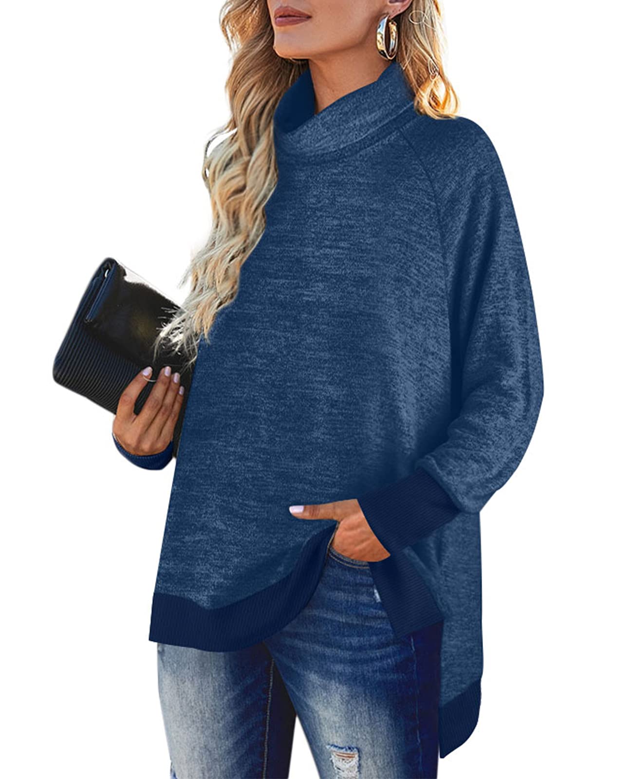 OFEEFAN Womens Tunic Sweatshirts Long Sleeve Turtle Neck Top Winter Navy Blue L