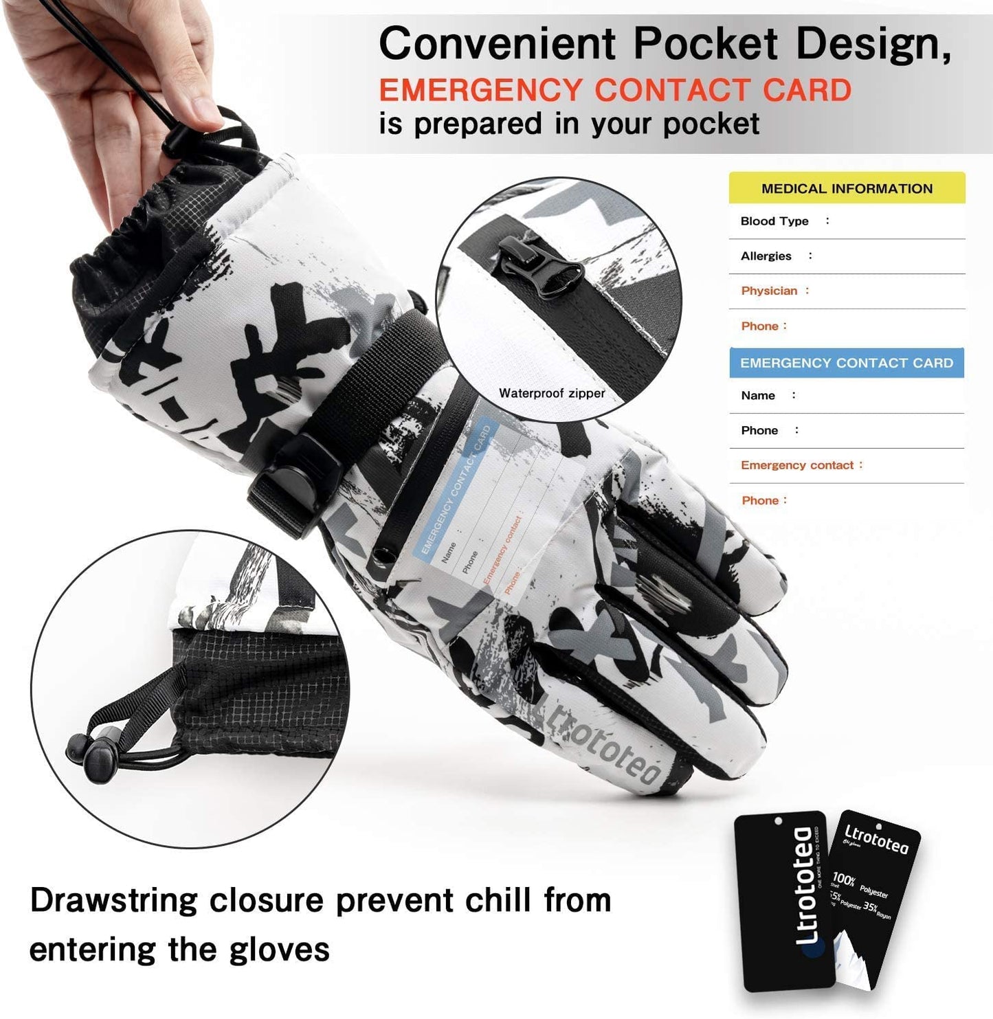 Ltrototea Ski Gloves Men Women, Snow Winter Gloves - Waterproof Insulated Warm Touchscreen Gloves, Snowboard Snowmobile Outdoor Gloves with Wrist Guards White Large