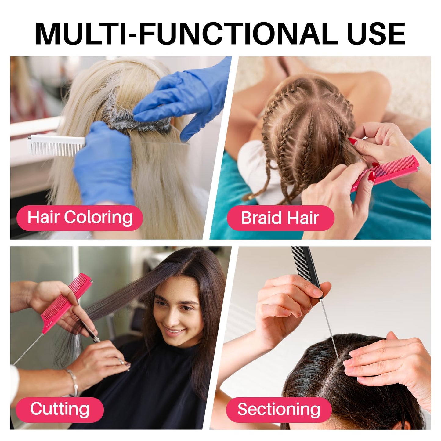 RHOS Retractable Fine Tooth Comb for Hair Parting, Styling, Cutting and Braiding - Carbon and Stainless Steel Pin Tail Comb (Pink)