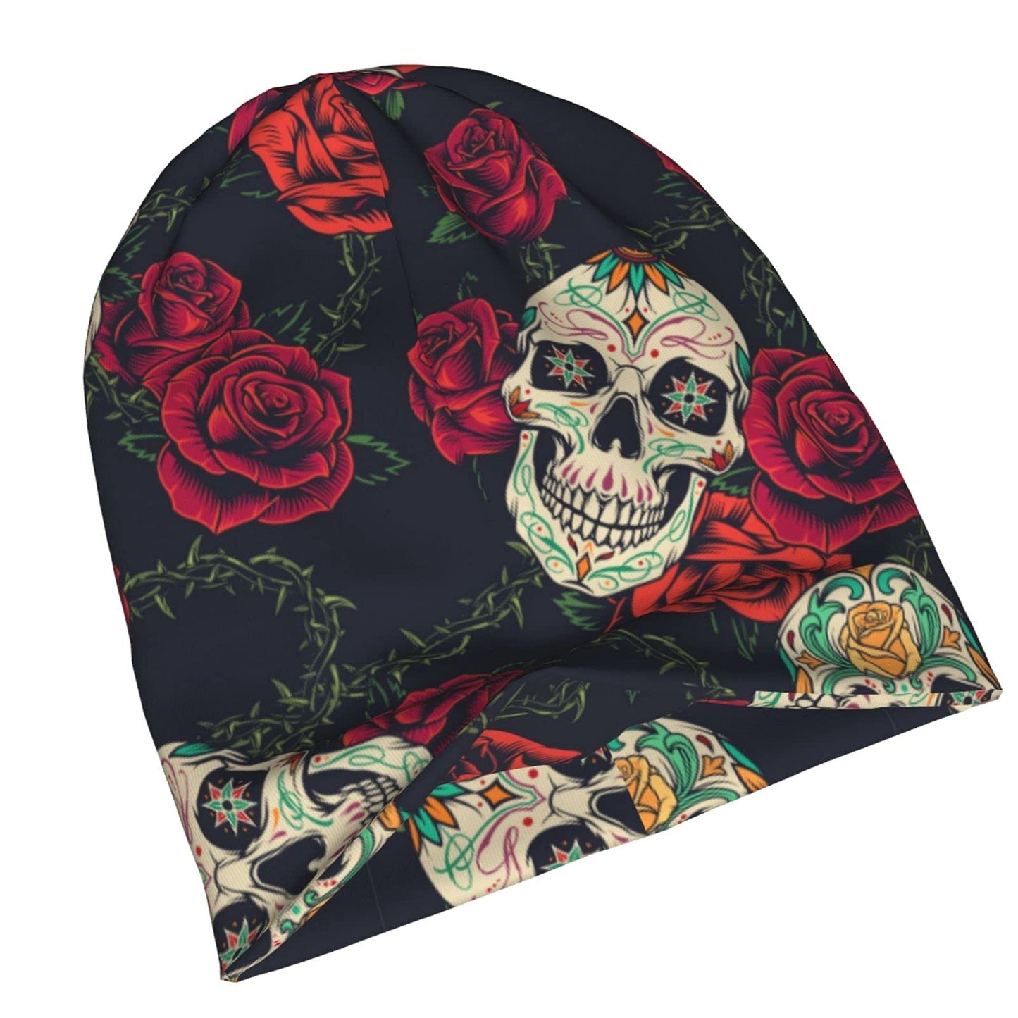 Yilad Skull Flower Beanie Slouchy Chemo Hats, Skull Caps Baggy Headwear for Jogging Cycling Unisex