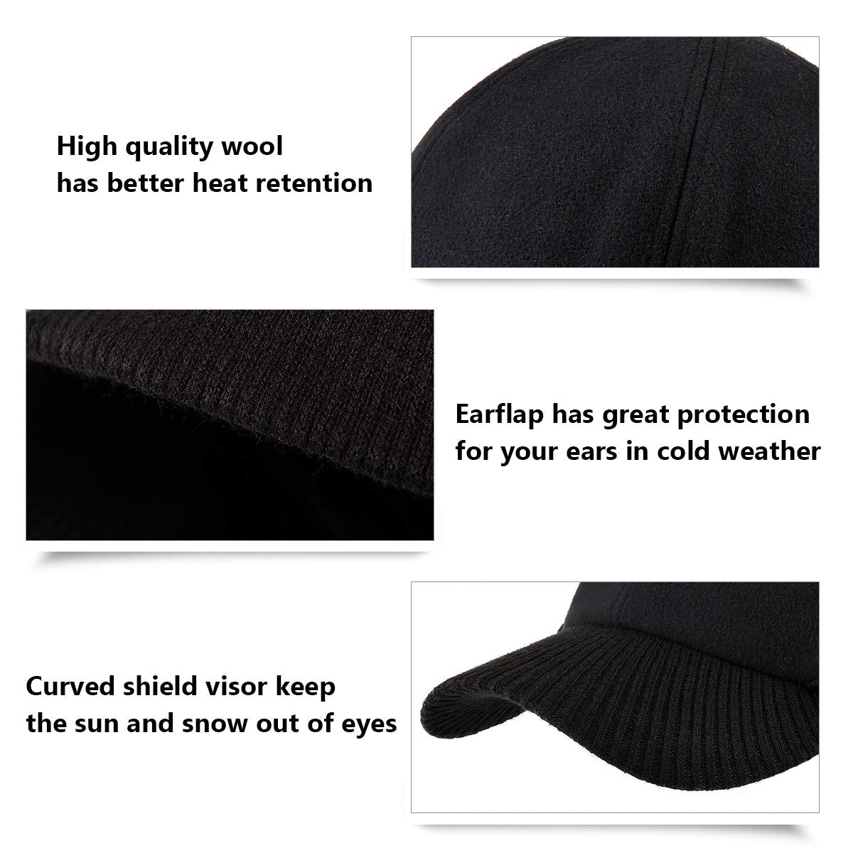 LCZTN Wool Winter Baseball Cap with Warmer Earflap for Men & Women Outdoor Ski Visor Beanie Hat (Black & Grey)