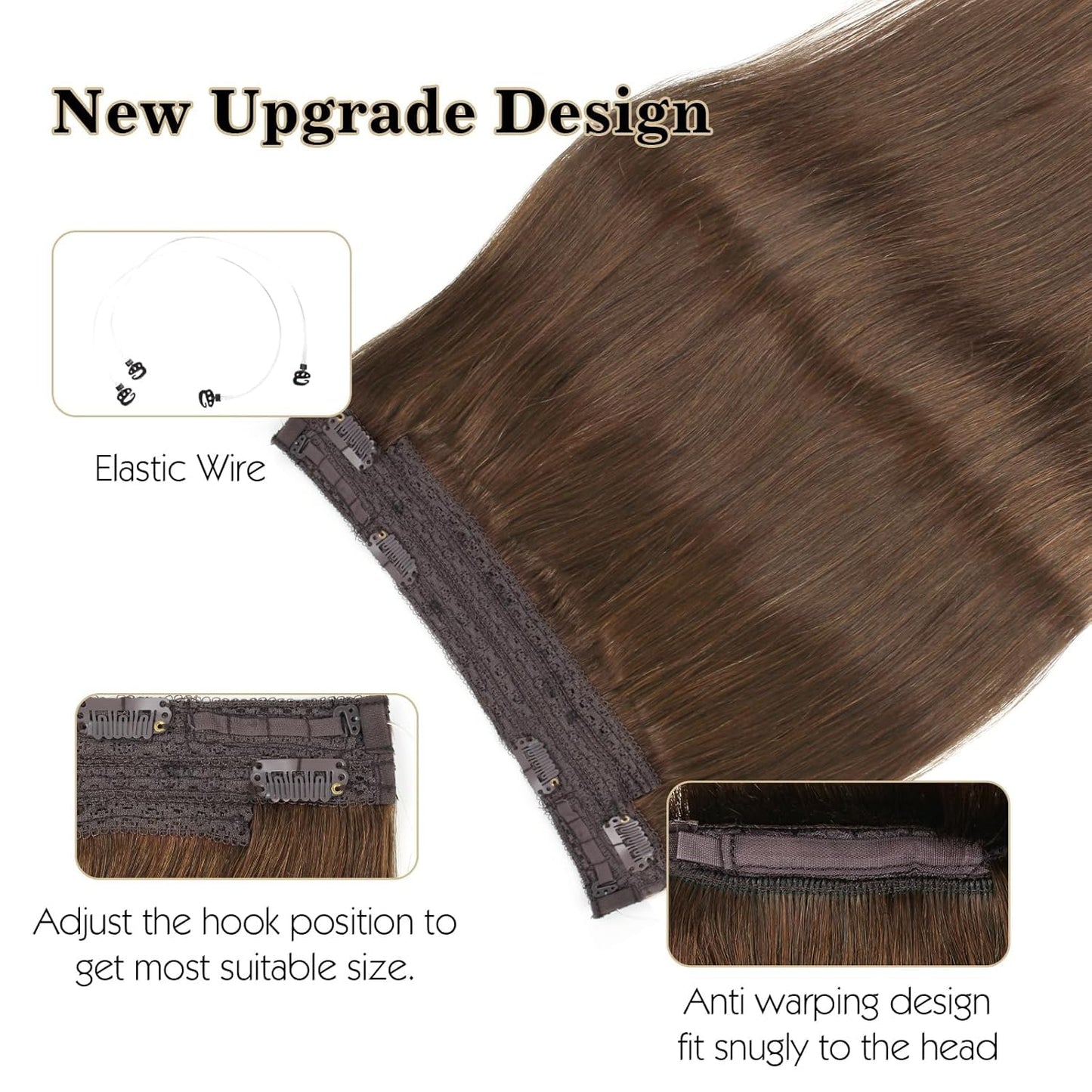 Sassina Invisible Wire Hair Extensions Real Human Hair with Transparent Wire Adjustable Size Secure Clips Natural Straight Secret Miracle Hairpiece, #4 Medium Brown 70 Gram 12 Inch