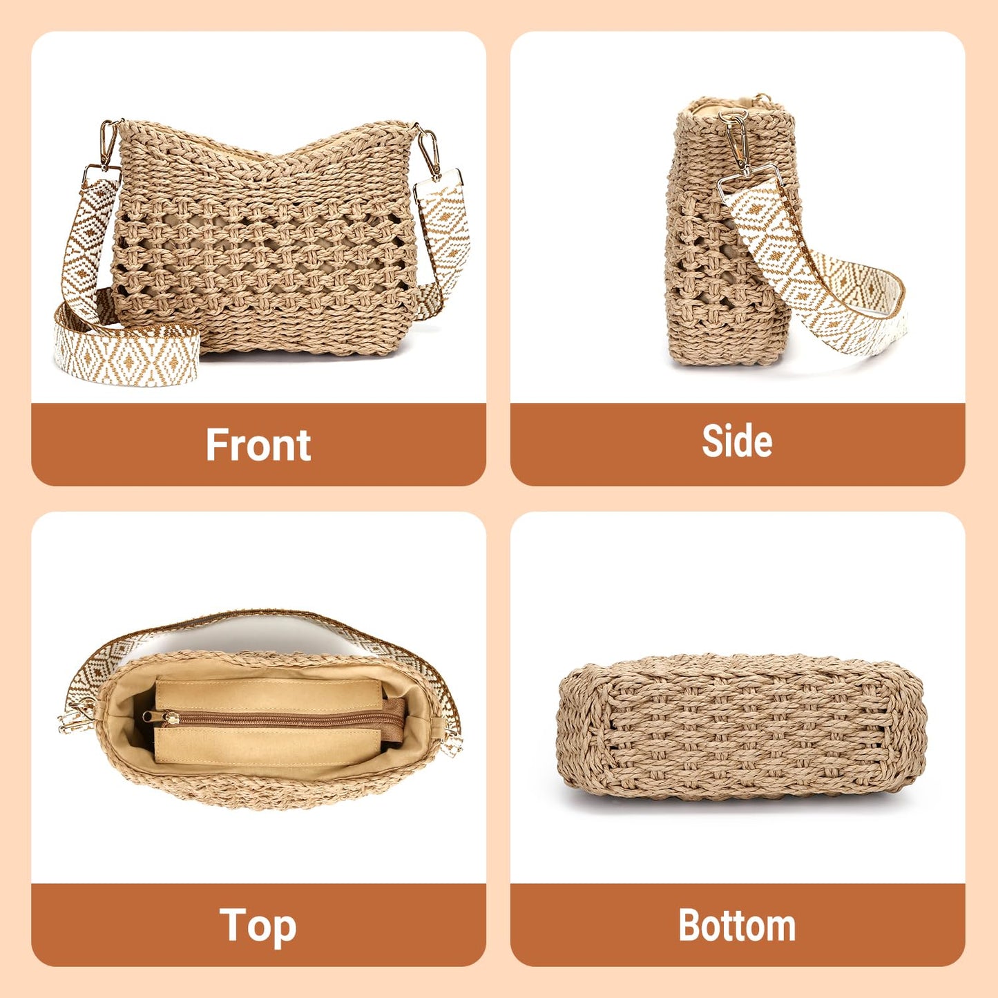 Herald Small Handmade Straw Pocketbook Crossbody Bag for Women, Summer Chic Woven Handbag Shoulder Purse with Chain (Hollow Out Coffee)