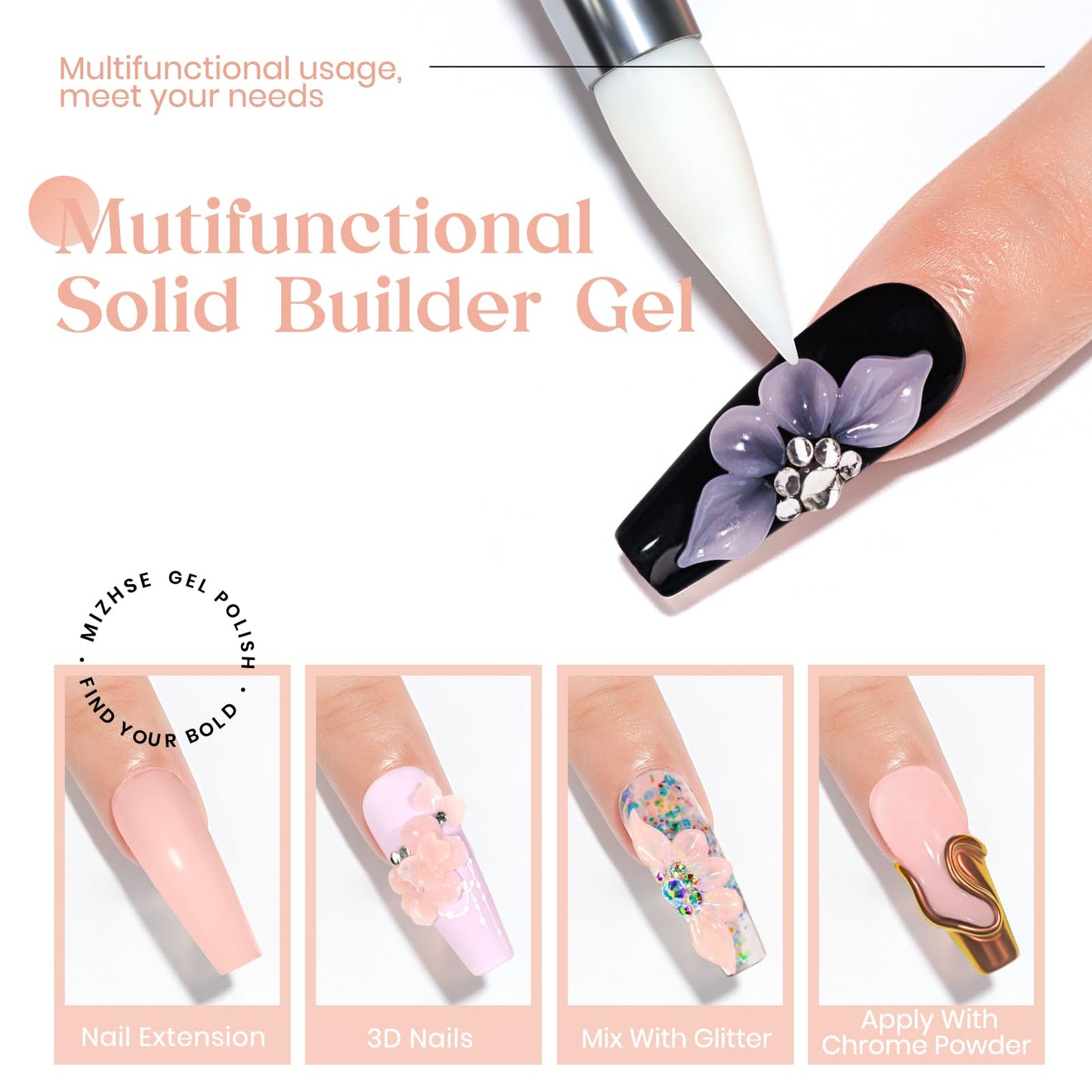 MIZHSE Solid Nail Builder Gel, 2.1 oz 60g Nude Builder Gel for Nails Non-Sticky Solid Builder Gel for Nail Extensions Hard Gel with 24pcs Nail Forms and Silicone Pen Nail Art Manicure Set