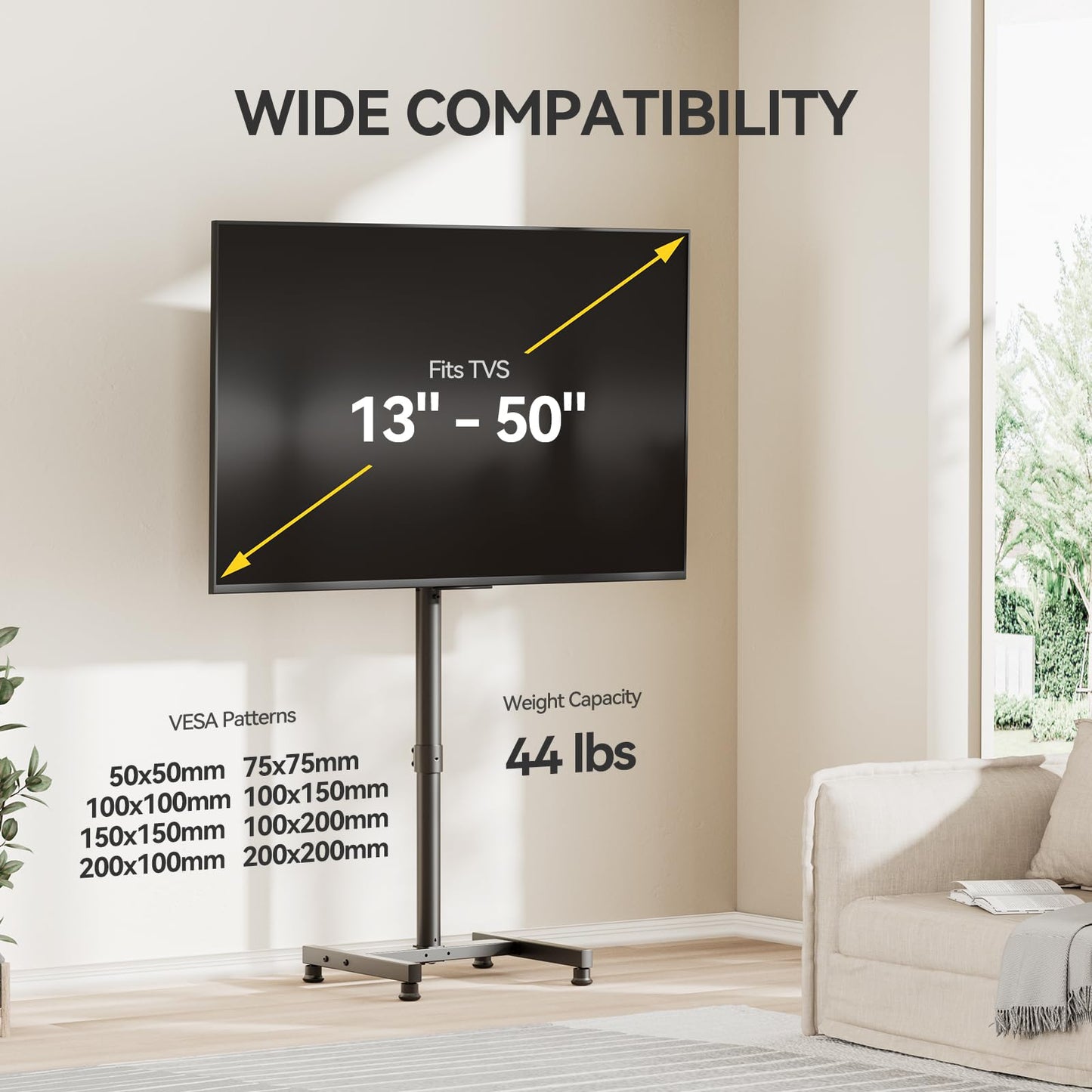 AM alphamount TV Floor Stand for 13-50 inch Flat/Curved TVs up to 44 lbs, 8 Level Height Adjustable Monitor Floor TV Stand with VESA 200x200, Portable TV Mount Stand for Living Room, Bedroom, Office