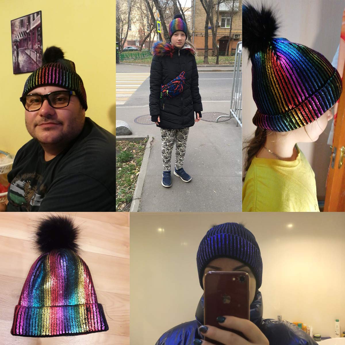 Cozylkx Women Skullies Beanie Hat, Winter Warm Glitter Sequin Knitting Bronzing Pom Pom Cap for Ladies Girls, Black