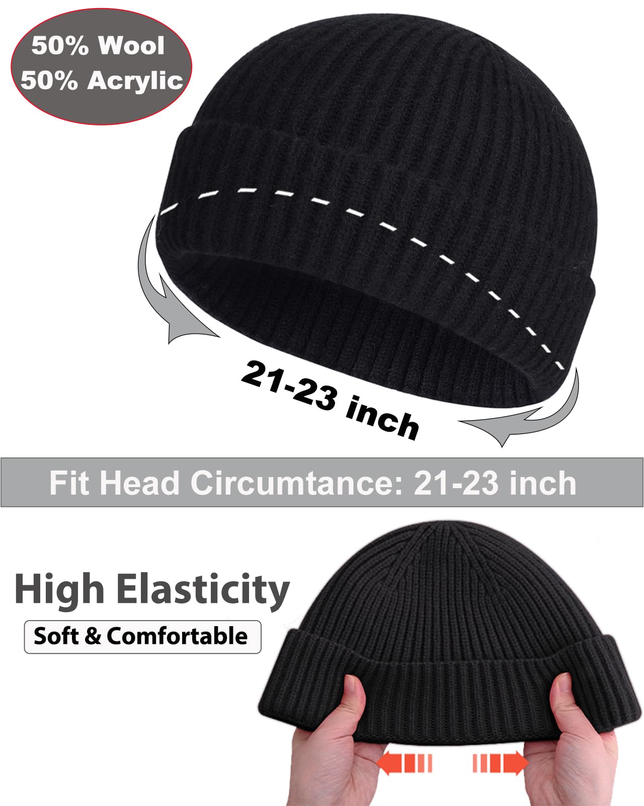 PHILIGHTS 2PCS Swag Wool Short Fisherman Beanie for Men Women, Knit Cuff Warm Winter Hats, Soft Trawler Skull Cap Watch Hat Unisex