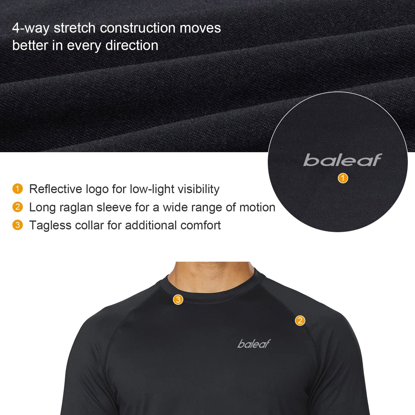 BALEAF Men's Long Sleeve Running Shirts Quick Dry Workout Shirts Athletic T-Shirts Lightweight Soft Fishing Tee Tops Black Size L