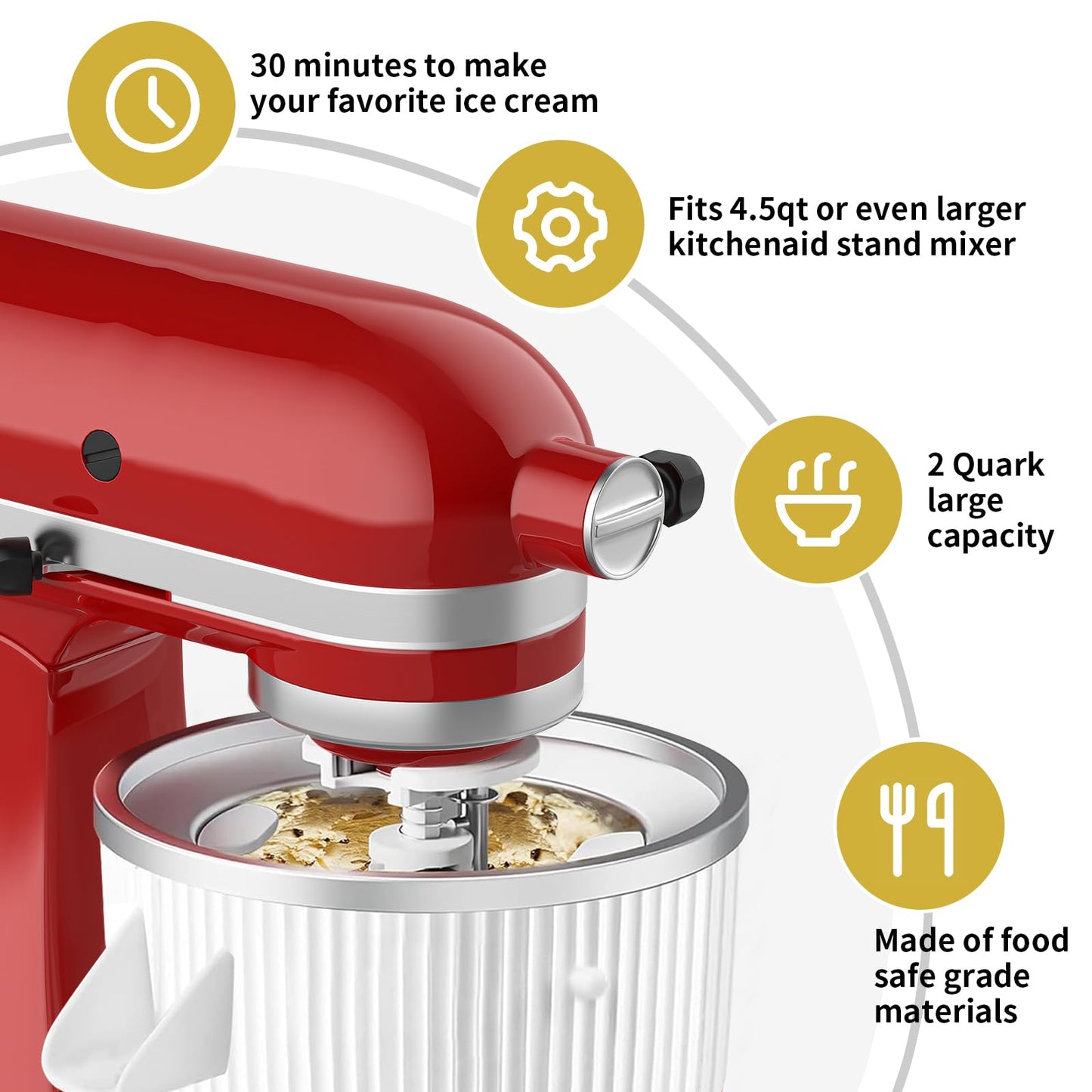 Ice Cream Maker Attachment for Kitchenaid,Fits KitchenAid 4.5-5QT/5.5-6 Quart Stand Mixers Accessories and Attachments,2 Quart Ice Cream Makers of Frozen Yogurt and Sorbet by KOYOEY
