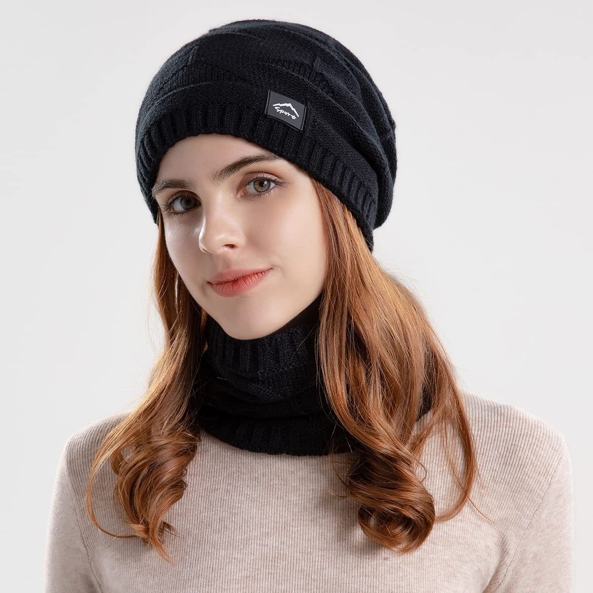 Winter Beanie Hat Scarf Touchscreen Glove Set for Men Women,Slouchy Knit Ski Cap Neck Warmer with Fleece Lined for Unisex (Black Beanie Scarf and polyester and spandex Black Glove)