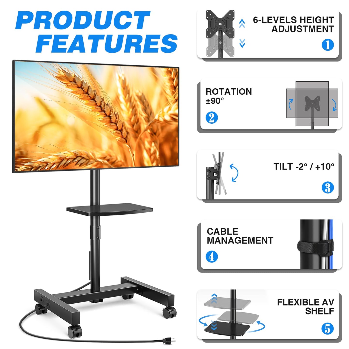 Rfiver Rolling TV Stand with Power Outlet for 13-50 Inch TVs, Tilting and Rotating Mobile TV Cart up to 55 lbs, Portrait to Landscap, Height Adjustable TV Floor Stand with Shelf, Max VESA 200x200mm