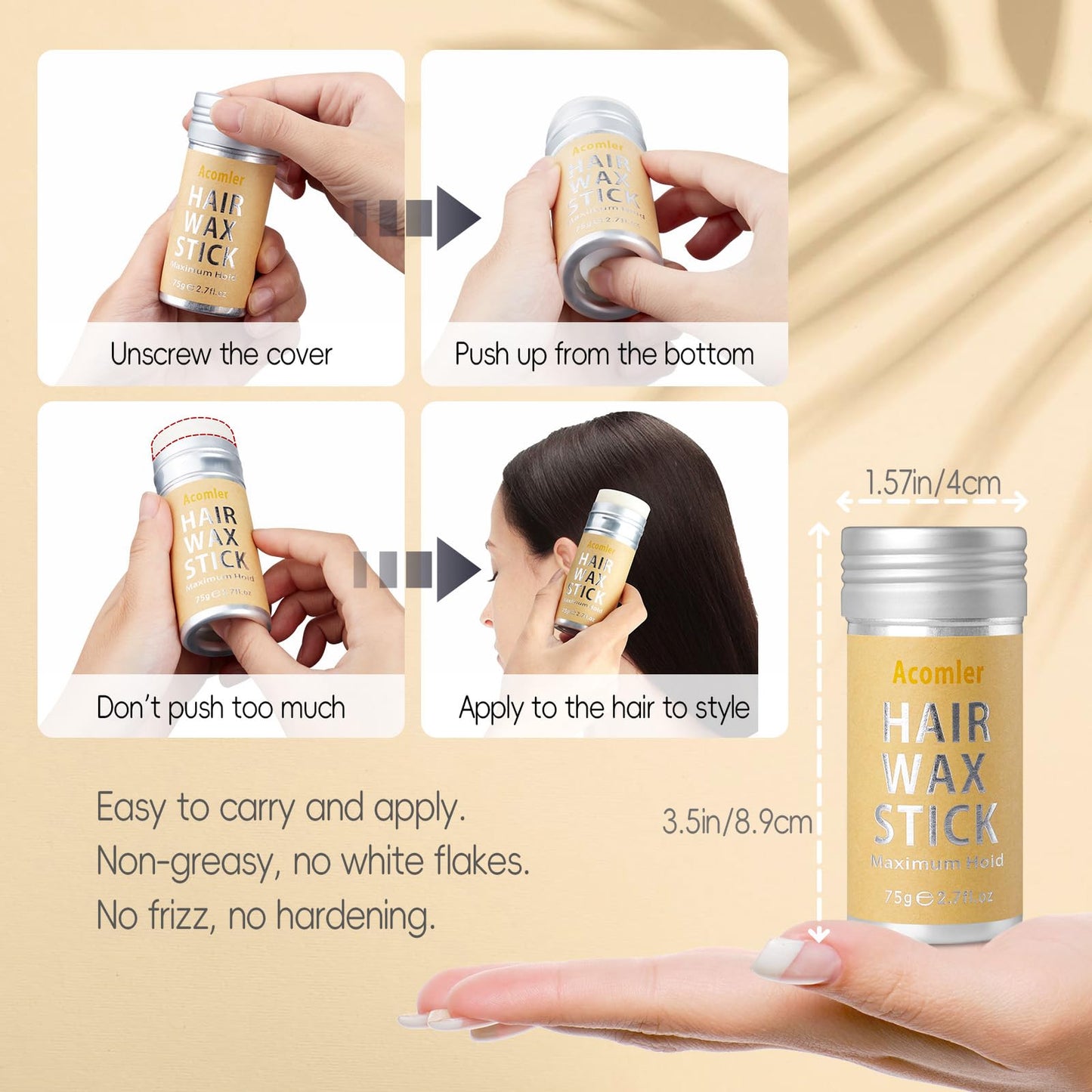 Acomler Hair Wax Stick,Wax Stick for Hair,Hair Wax Stick for Flyaways,Flyaway Hair Tamer Stick,Edge Control Slick Stick for Hair Non-greasy,Styling Hair Pomade for Women&Kids (Hair Wax Stick 2 Pack)