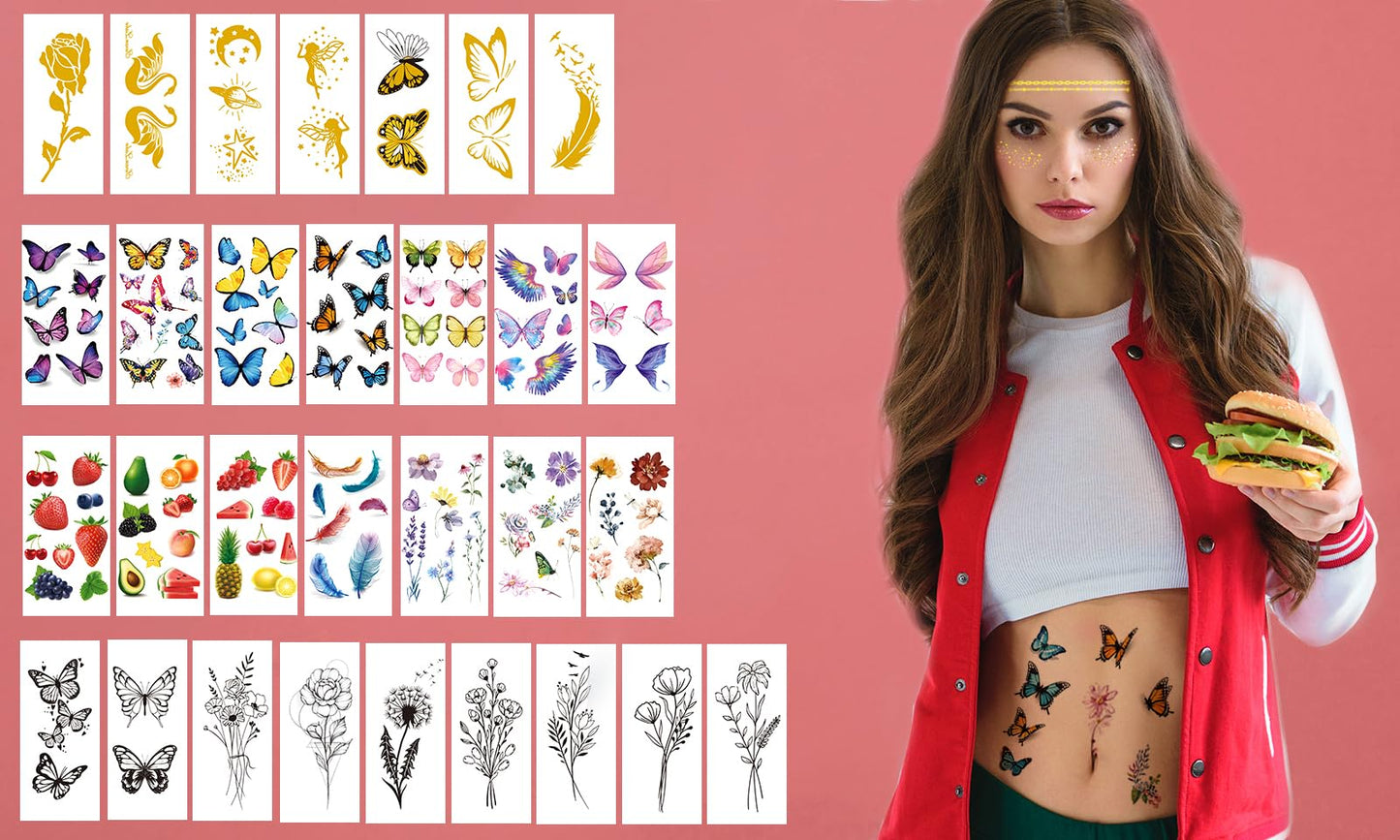JEEFONNA 60 Sheets Face Temporary Tattoos, Metallic Fake Tattoos for Women, Men, Kids, Waterproof, Festival, Cosplay, Halloween