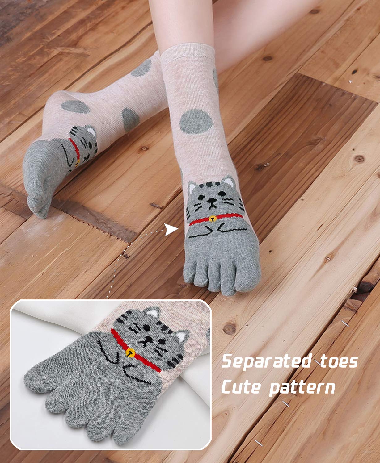 Hellomamma Women's Toe Sock Cute Cat Dog Ankle Sock Cotton Athletic Running Five Finger Socks for Girls Multicolor 5-12