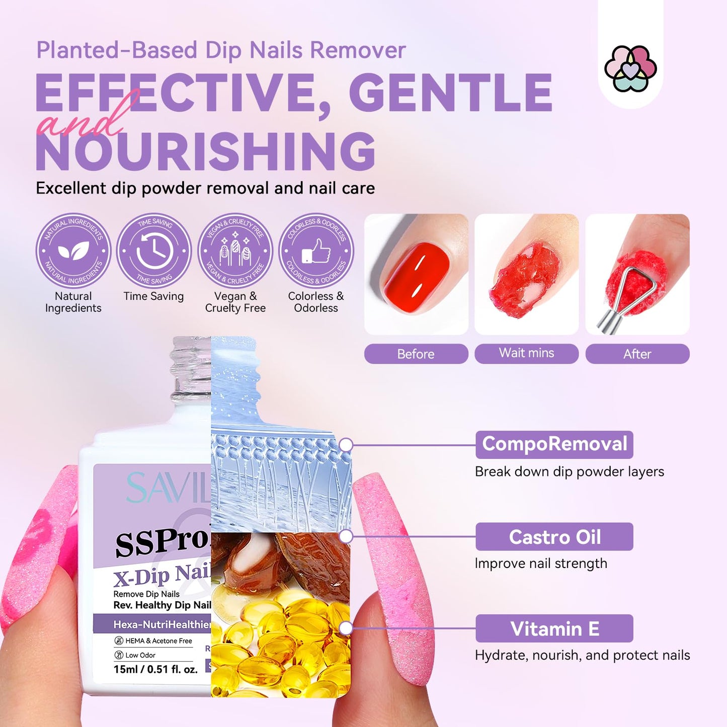 SAVILAND Dip Powder Remover 2 Pcs: Professional Dip Nail Remover Kit Gentle & Safe Remove Dip Nails With Cuticle Oil Nail File Tools Gel Polish Remover No Need Soaking Or Wrapping 0.5 Floz Home Use