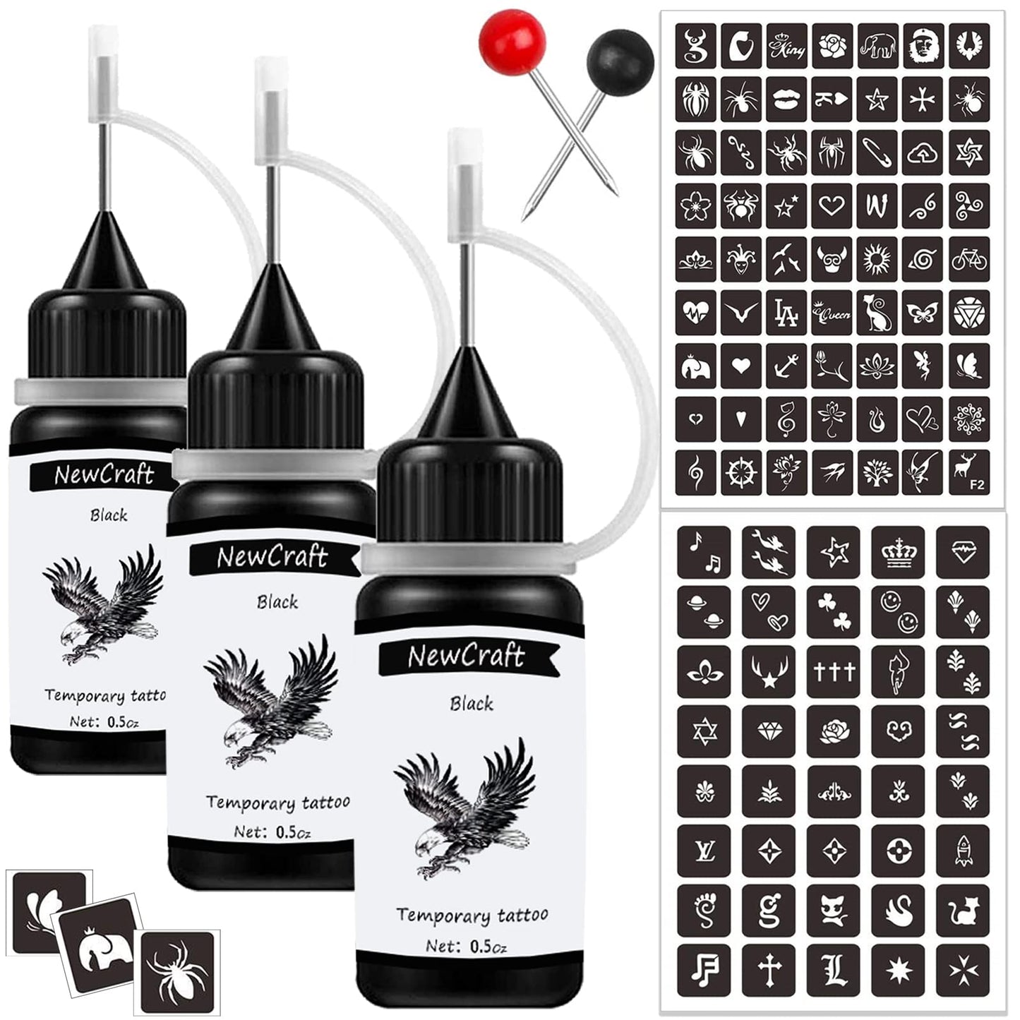 3 Packs Black Temporary Tattoo Ink and Stencils for Adults Teens Kids, Temporary Tattoo Kit Skin Friendly