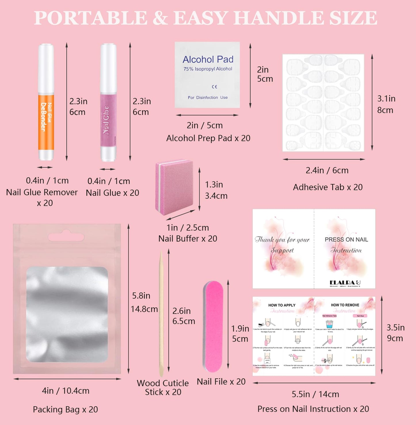 20PCS Press on Nail Tool Kit: Nail Prep Kit with Nail Glue, Glue Remover, Mini Nail File, Nail Buffer, Prep Pad,Adhesive Nail Tabs, Wood Stick, Instruction Card for Press on Nail Packaging