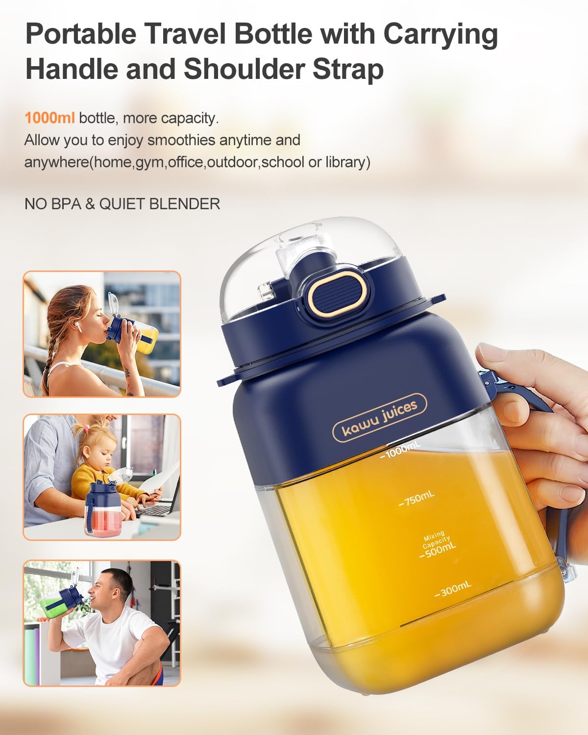 kawu Portable Blender, Smoothie Blender, Personal Blenders with 34.1 oz, No-BPA, Leakproof-Lid and Sip Spout, USB-C Rechargeable, Dishwasher Safe, Personal Mixer for Shakes, Recipes, with Handle/Strap