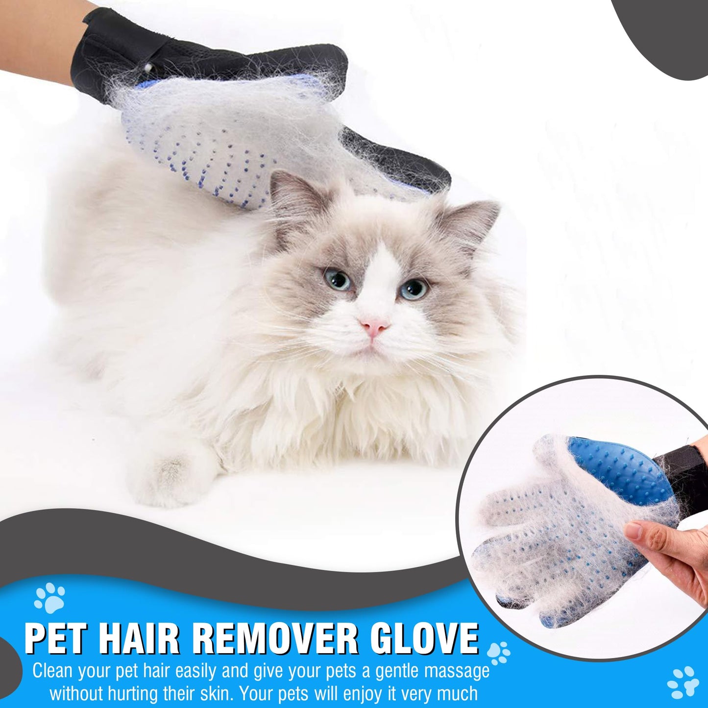 CEMZENFIX Upgrade Pet Gloves Grooming for Dogs, Grooming Gloves for Dogs, Cats, Rabbits & Horses with Long and Short Hair, Efficient Pets Hair Remover Mittens - 1 Pair (Blue)