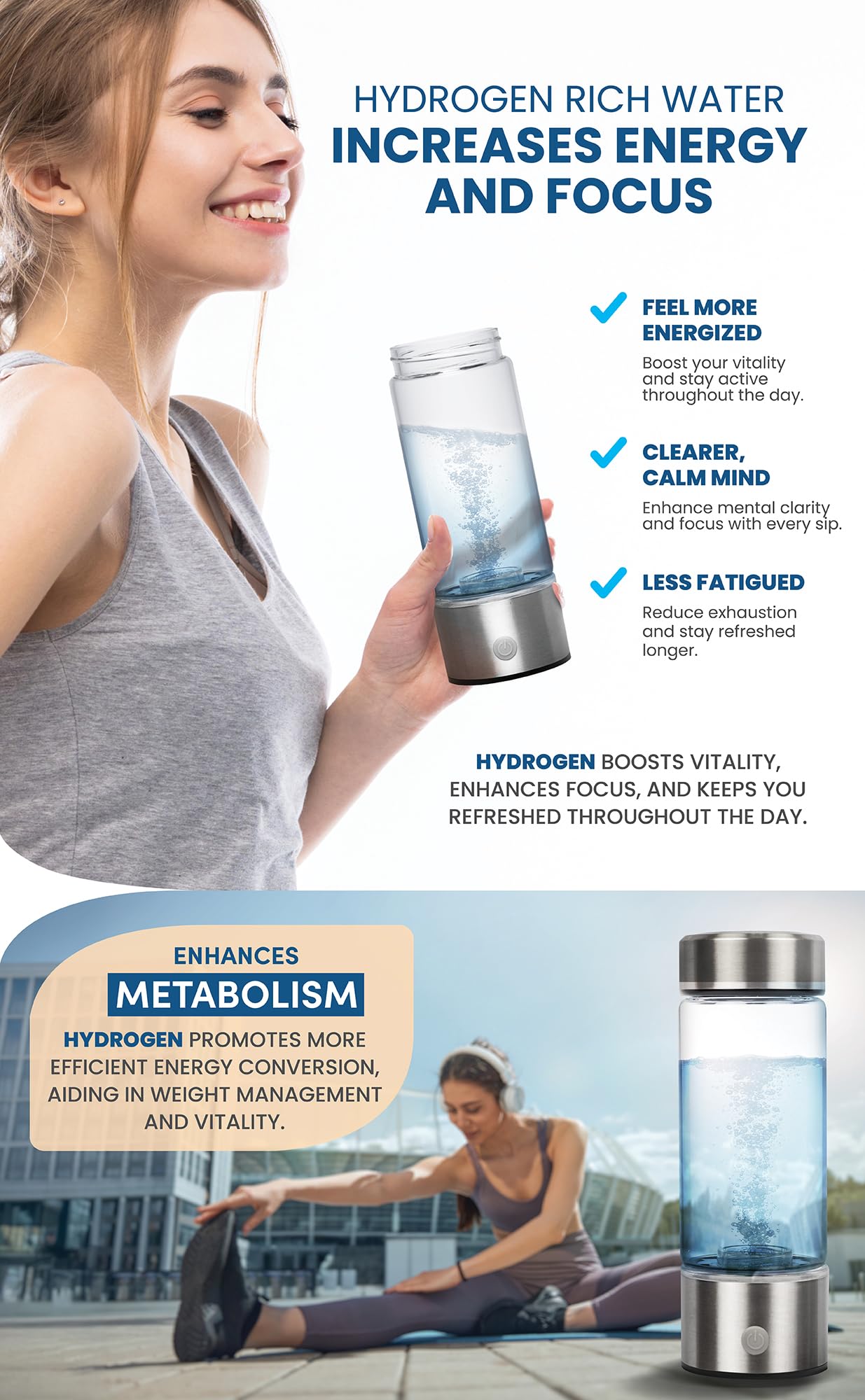 Portable Hydrogen Water Bottle - Rechargeable Hydrogen Water Ionizer Machine - Hydrogen Water Bottle Generator for Hydrogenated Pure Water - Best for Home, Office, Gym