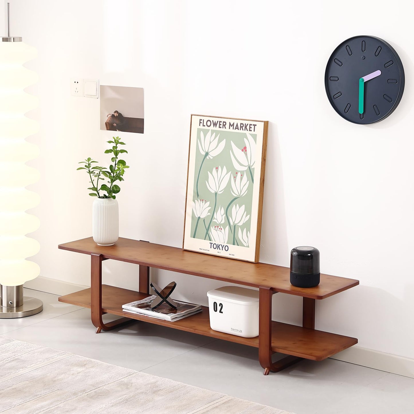 Tiita TV Stand with Storage for TVs up to 65'', Bamboo TV Console Entertainment Center with 2 Open Shelf, Mid Century Modern Media Console for Living Room, Bedroom, Walnut