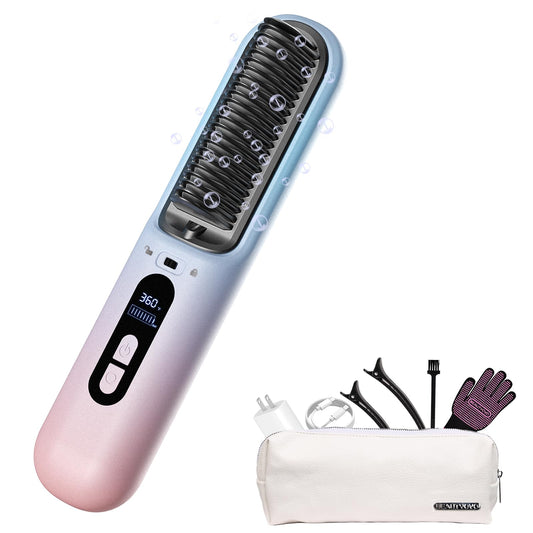 BEAUTYOVO Cordless Hair Straightener Brush - 6 Heat Settings & Dual Modes | 65W Type-C Fast Charge in 30min | 300M Ions Reduce Static & Repair Damage, Mini Hair Straightening Brush for Travel/Business