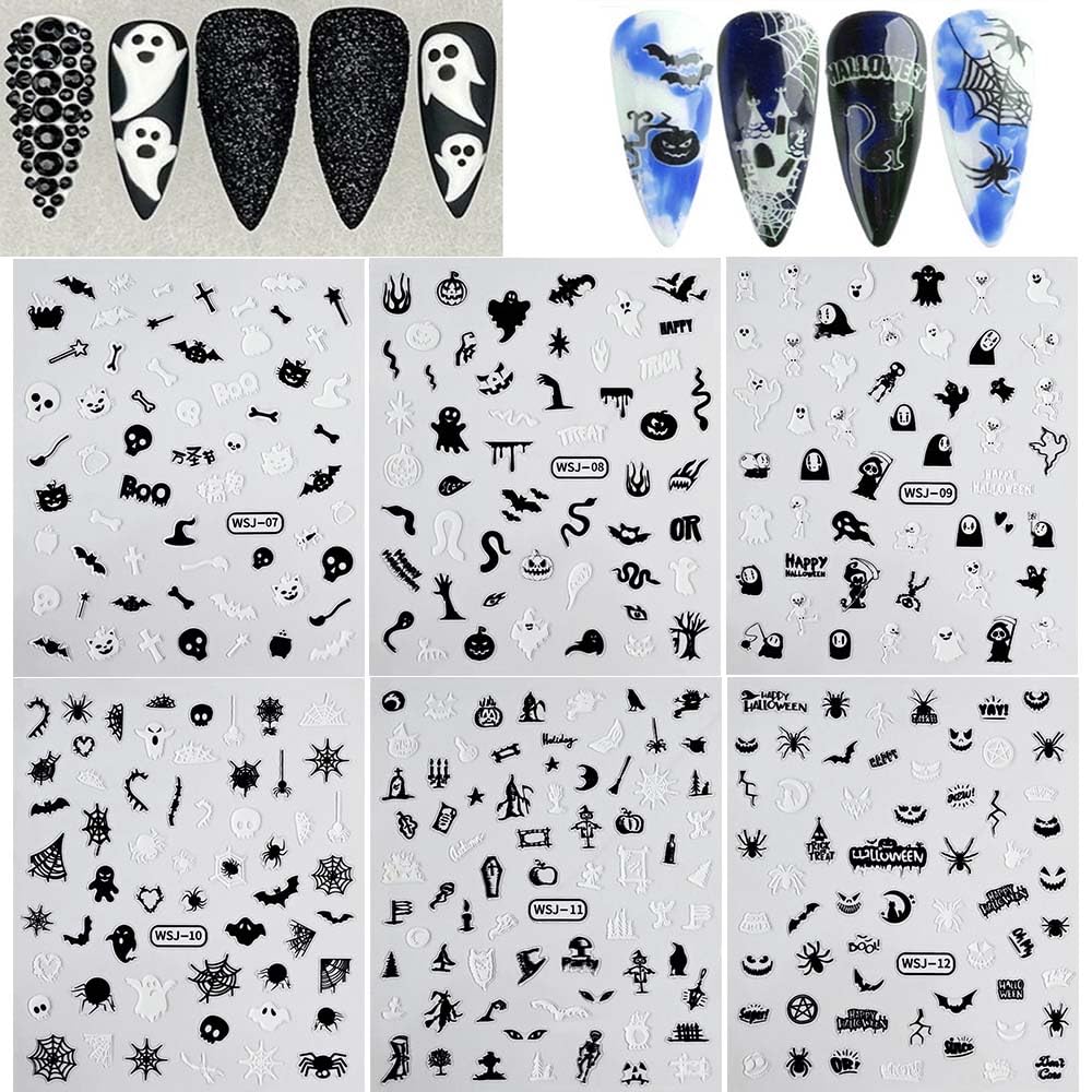 12 Sheets Halloween Nail Stickers Decals Skull Ghost Nail Decals Bat Spider Web Nail Stickers for 3D Adhesive Nail Art Stickers Pumpkin Nail Decals with Design Glow in The Dark for Women Decorations