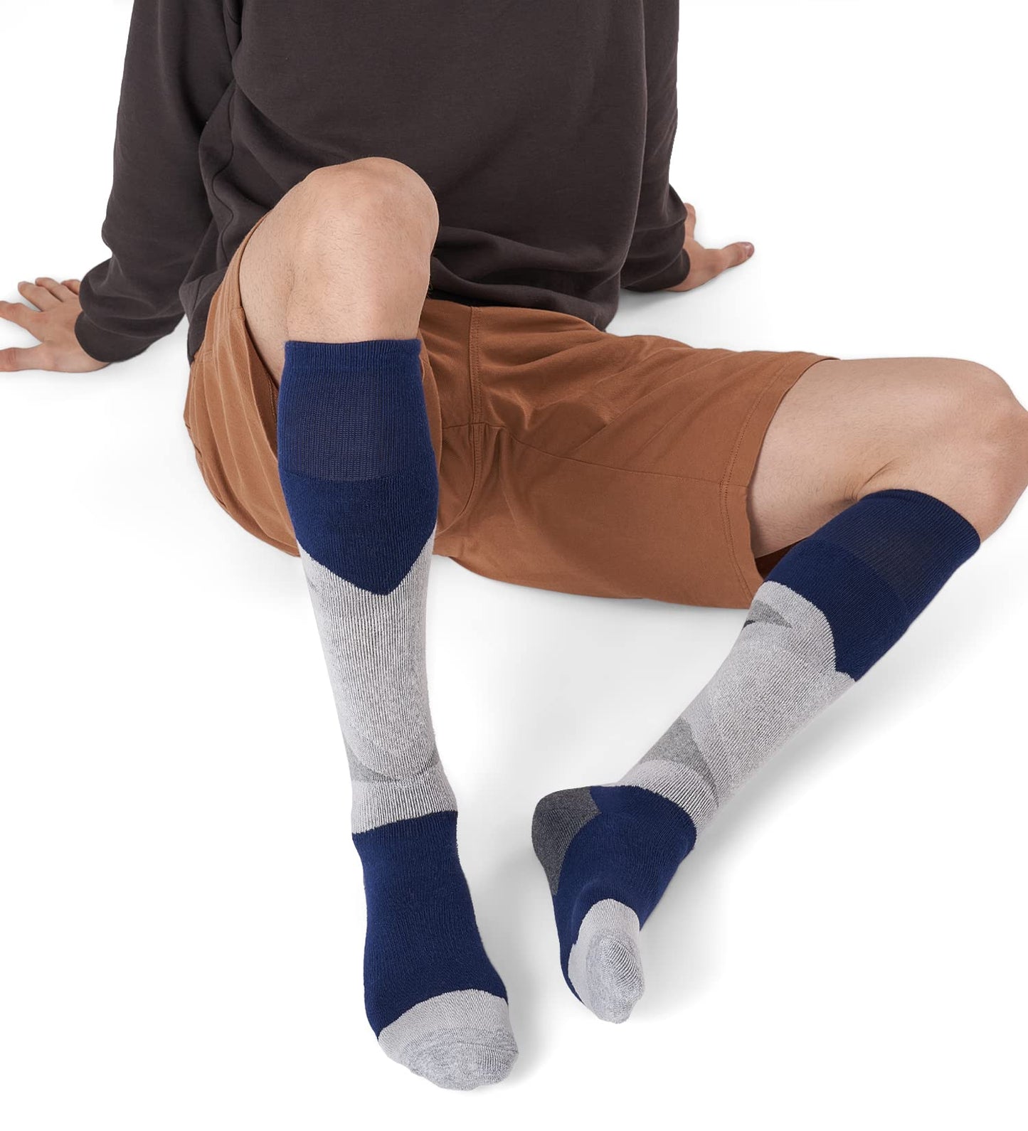 CS CELERSPORT 2 Pack Merino Wool Ski Socks with Full Cushion, Winter Warm Thermal Socks for Skiing Snowboarding, Navy Blue+Light Grey, Large