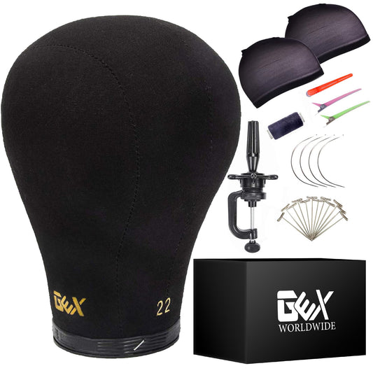 GEX 20"-24" Canvas Cork Wig Block Mannequin Head for Wig Making Drying Styling Display with Table C Clamp Stand Holder (Black 24")