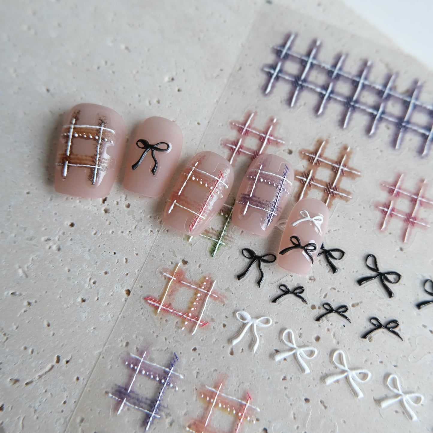 CESTSIREN Woolen Grid Bow Nail Art Stickers, Embossed Nail Decals,Elegant Cute Nail Art Design, Pearl, Self-Adhesive, Nail Accessories for Women, Nail Art Supplies