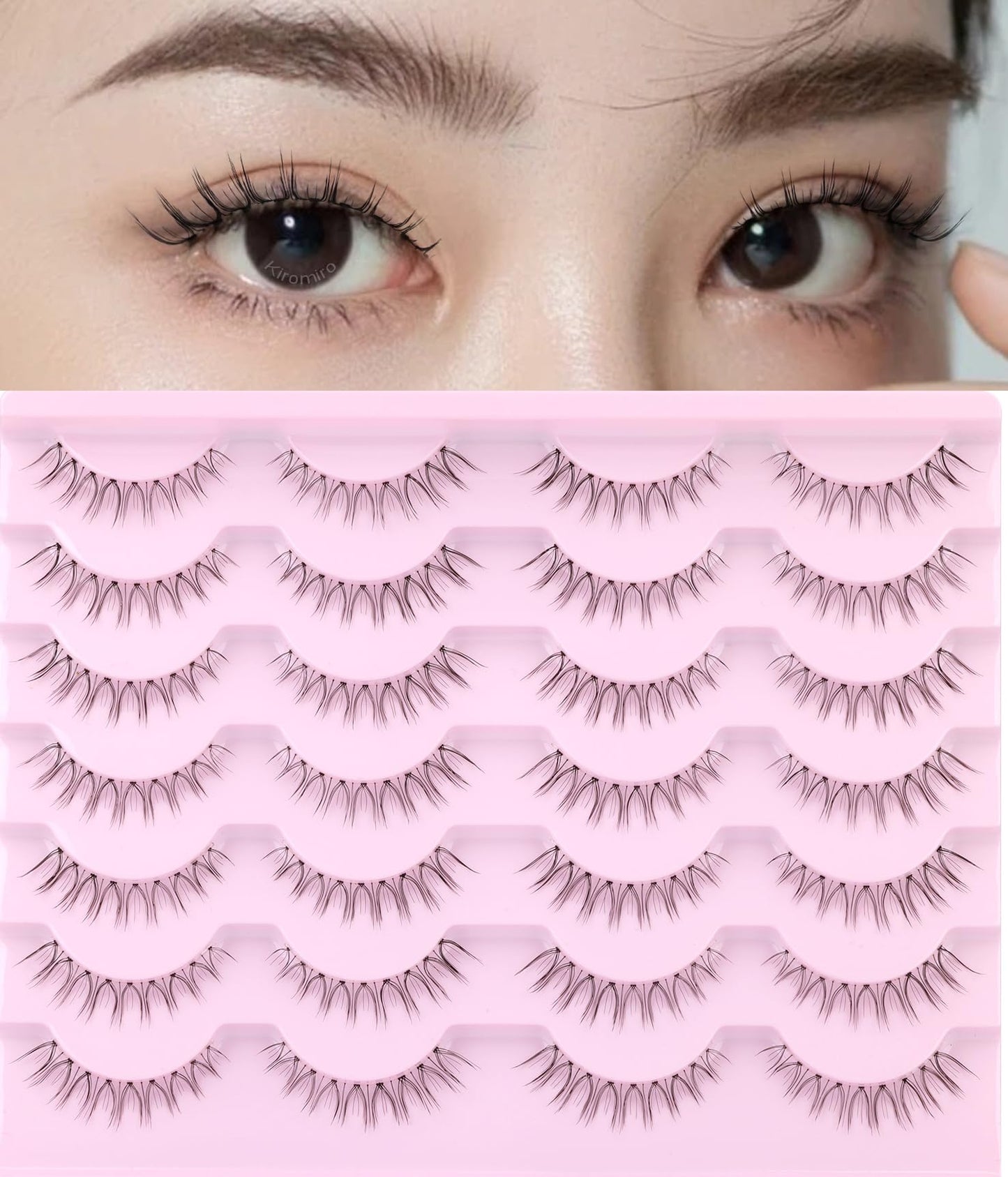 Kiromiro Lashes Natural Look Short False Eyelashes Wispy 100% Handmade Clear Band Lashes Cat Eye Natural False Lashes Korean Faux Mink Lashes Extensions Strip Eyelashes Pack 14 Pairs