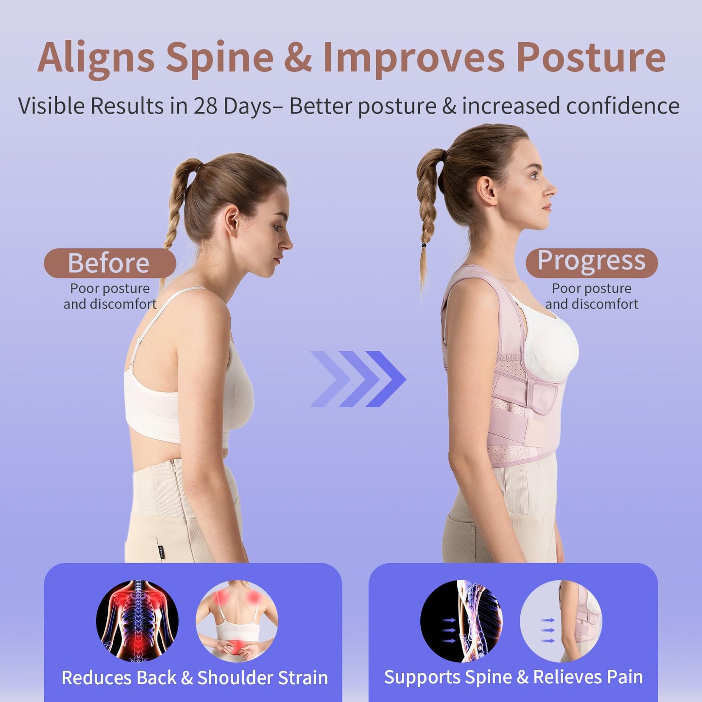 Posture Corrector for Women – 2-in-1 Back Brace with Shoulder Support, Adjustable Full Back Straightener for Upper & Lower Back Pain Relief, Hunchback, Scoliosis & Spine Alignment (M Waist 32”- 41” )