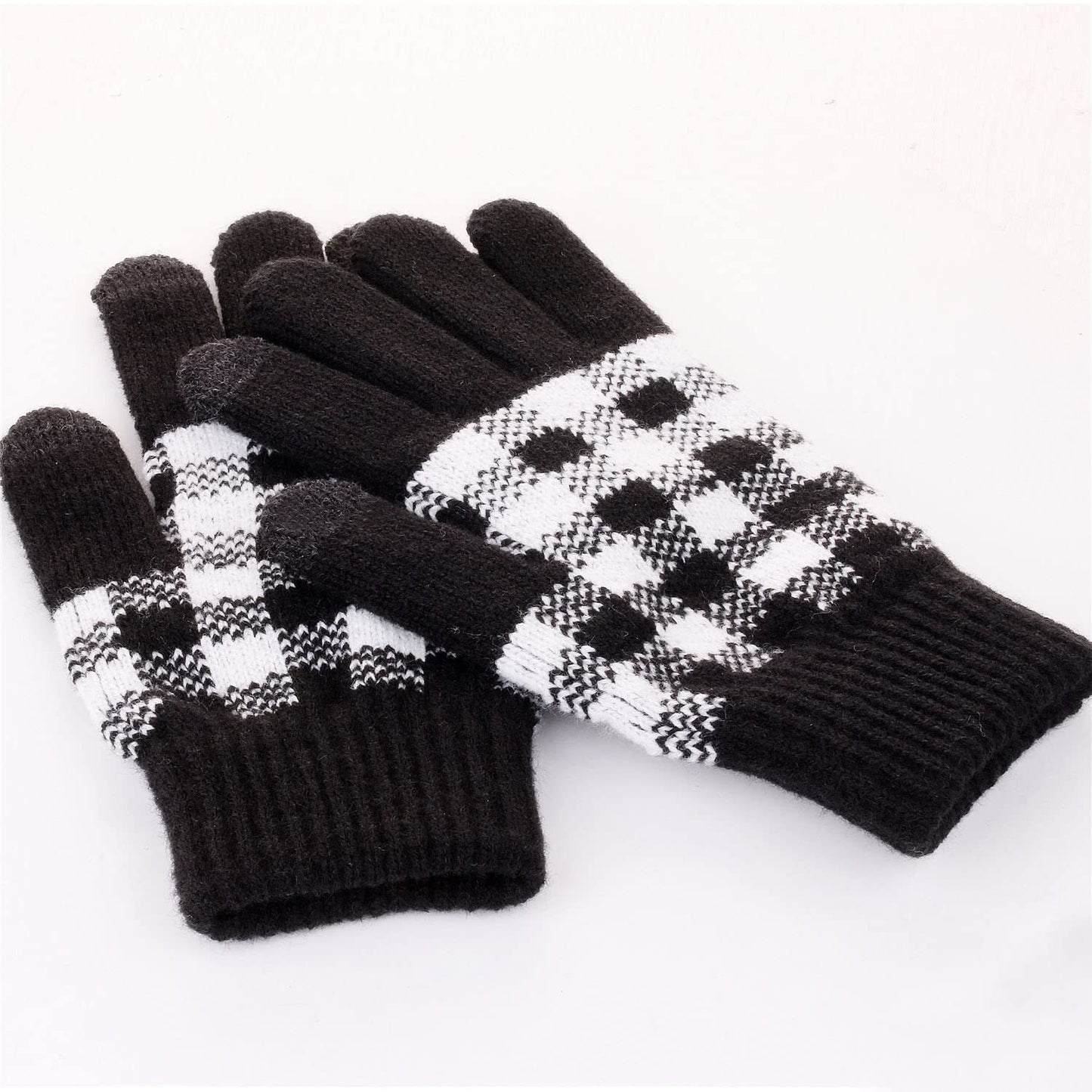 CRUOXIBB Winter Soft Stretch Buffalo Plaid Cuff Beanie Hat Thick Chunky Warm Knit Skull Ski Cap (Black/White+Glove+Scarf)