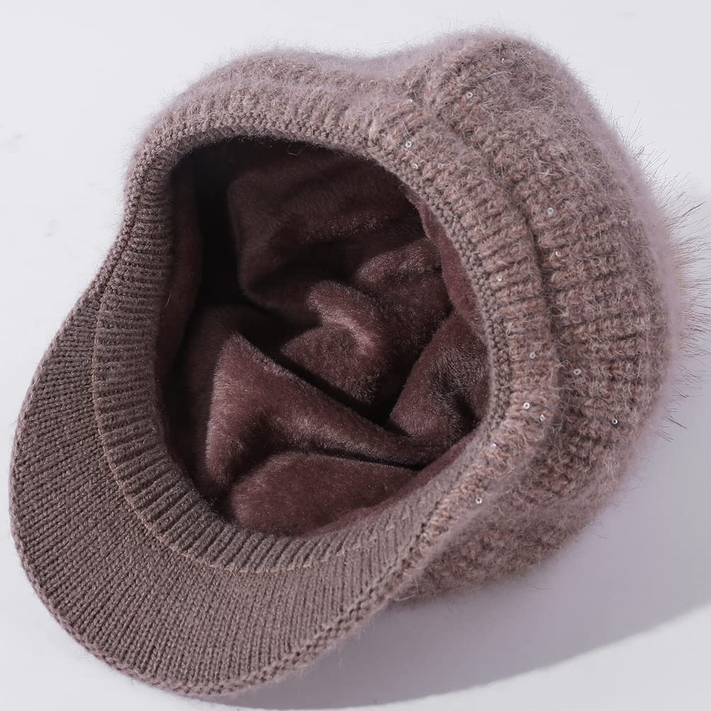 Fleece Lined Beanie Hats with Visor Brim Winter Knit Ski Cap Women Pom Pom Ball (Black)
