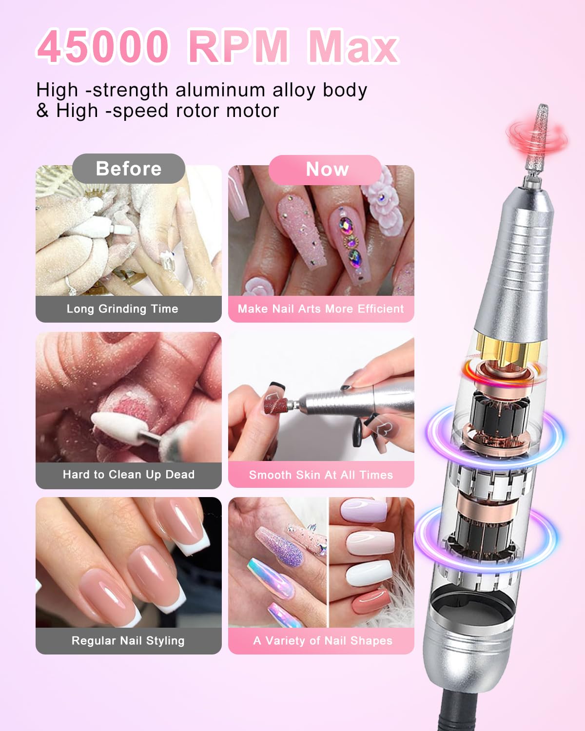 CozyZen Cordless Nail Drill Professional: 45000 RPM Rechargeable Electric Nail File Kit, Portable & Low Noise for Acrylic, Gel Nails, Manicure & Pedicure - Salon & Home Use