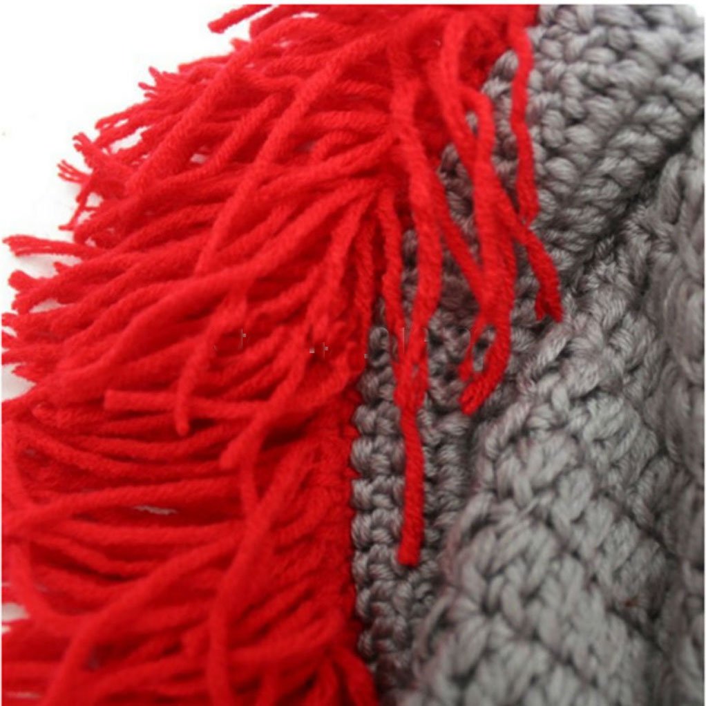 BIBITIME Cosplay Roman Knight Knitted Helmet with Beard Tassel Hat Visor Beanie Winter Ski Sports Warmer Cap (Black Beard Red Tassel, One Size)