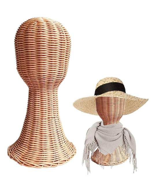CHADWICK Mannequin Head Stand, Rattan Wig Stand, Hat & Wig Display Holder, Handmade Wicker Wig Head Stand, Vine Woven Hat Stand, Rustic Cap Racks for Home, Hair Salon, Showcase, Stable Base, Brown