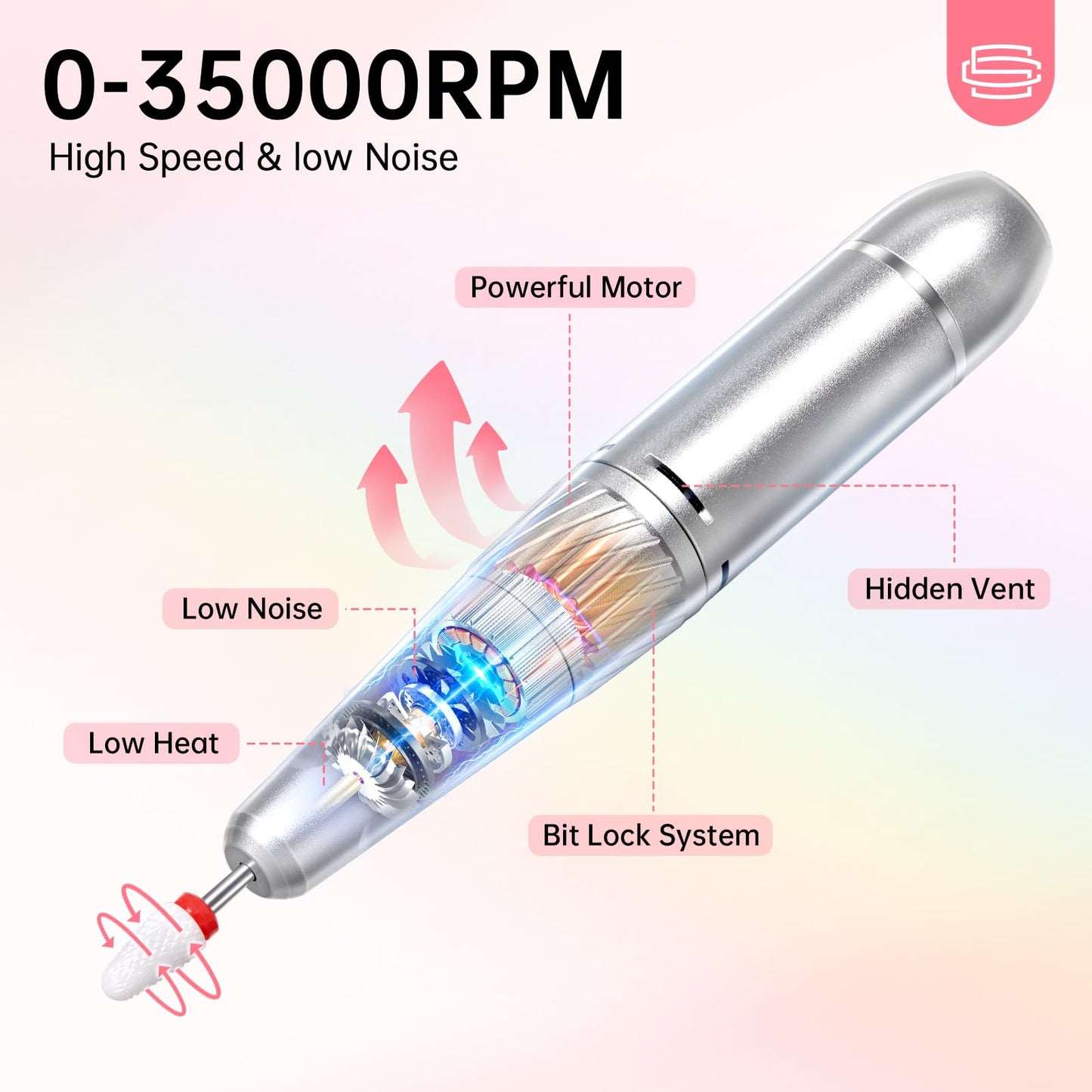 CHRISTINE SHELLY Rechargeable 35000RPM Nail Drill Sparkling Portable Professional Electric Nail File for Acrylic/Gel Nails Professional Nail Tools for Manicure Pedicure, Pink