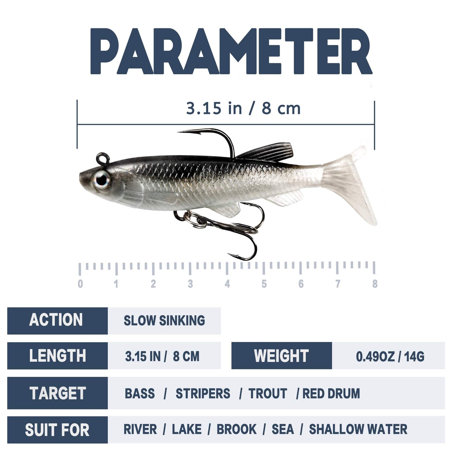 Fishing Lures for Bass, VMSIXVM Fishing Jig Head Swim Shad Lure, Soft Plastic Swimbaits with Paddle Tail, Trout Bass Sinking Baits Kit for Saltwater/Freshwater, Fishing Gear and Fishing Gifts