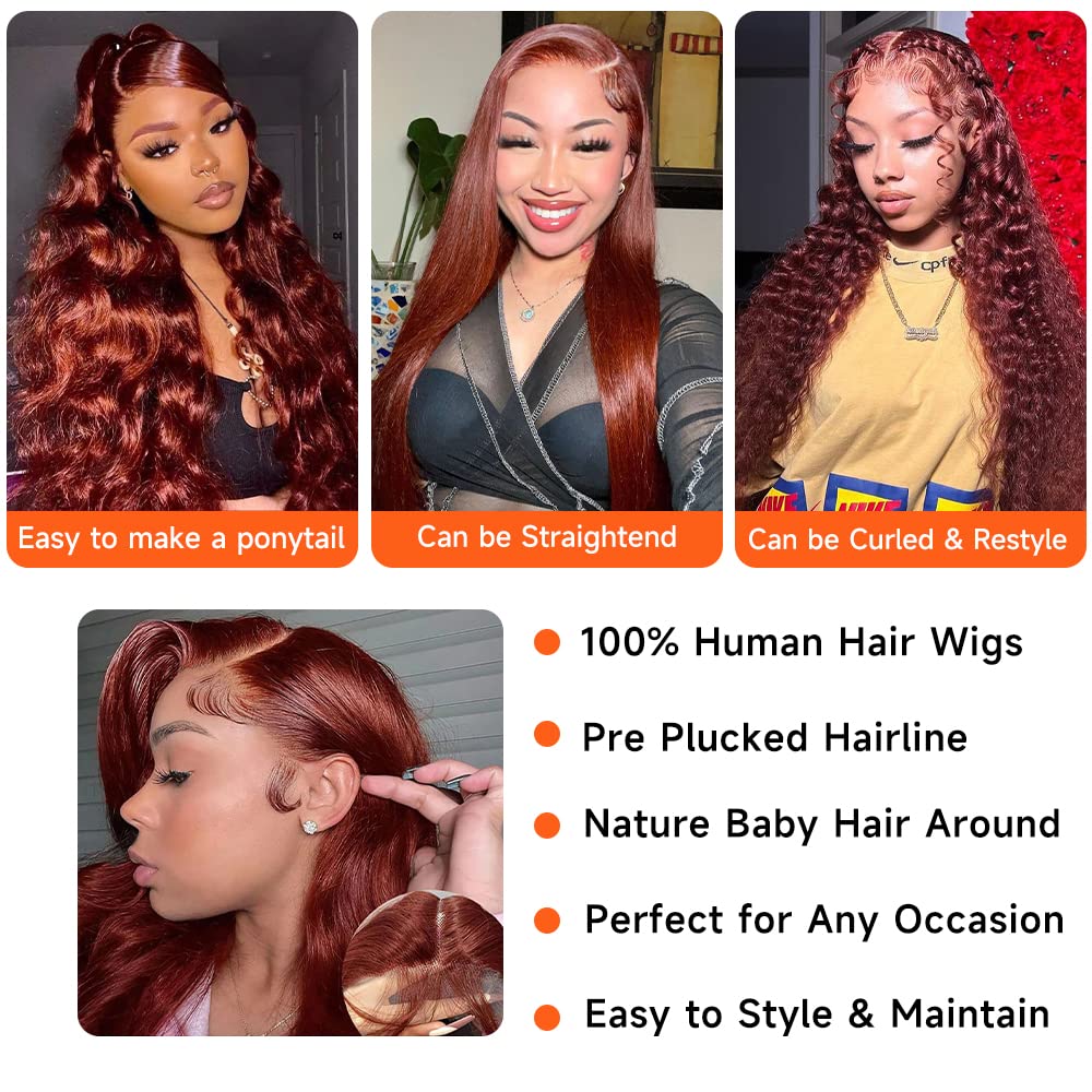 Reddish Brown Lace Front Wigs Human Hair Pre Plucked 13x4 Auburn Colored Human Hair Lace Front Wigs Body Wave Glueless Wigs Human Hair HD Lace Frontal Human Hair Wig 22 Inch